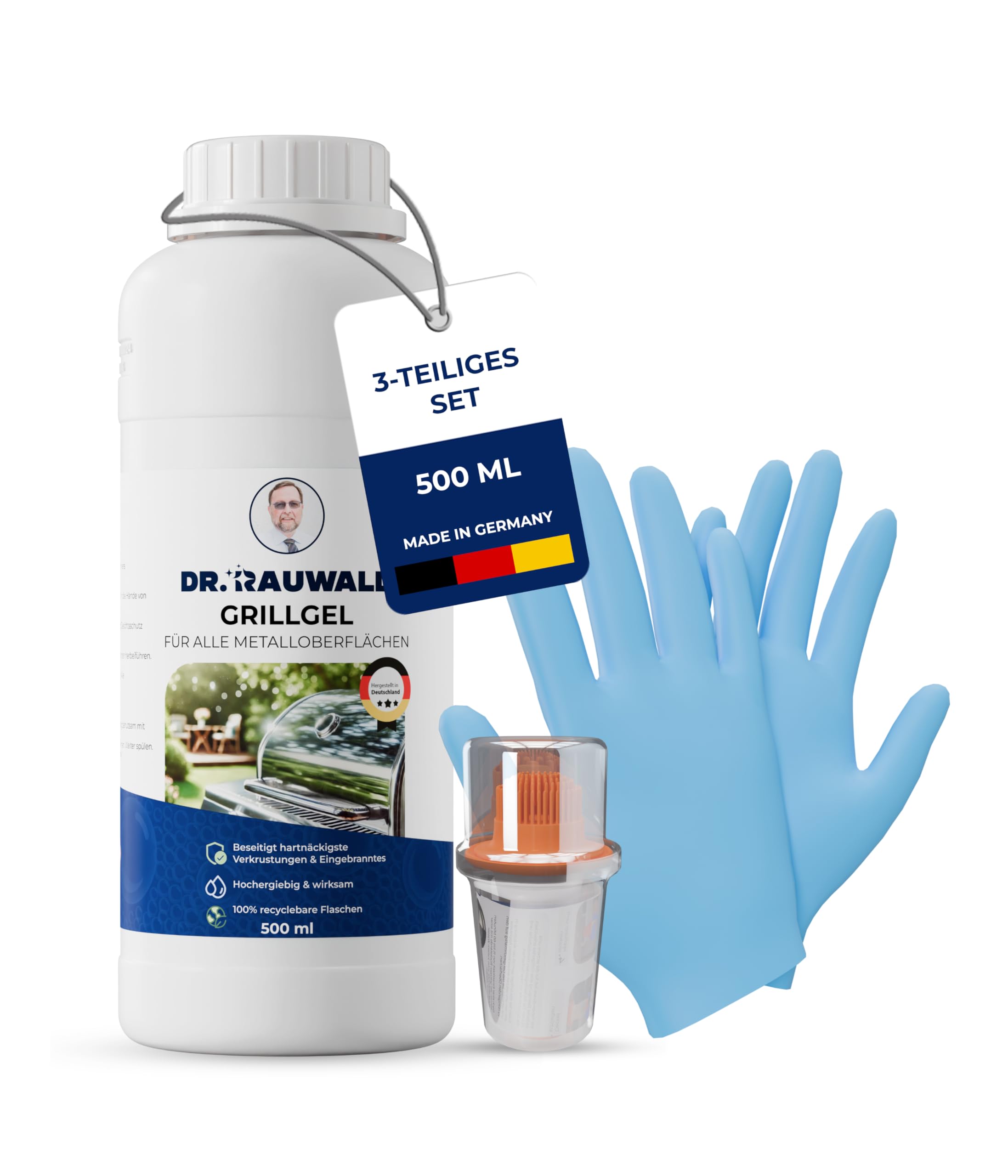 Charlott Dr. Rauwald Grillreiniger Gel 500ml Set mit Tank-Pinsel & Handschuhen | Haftendes Aktiv-Gel für Edelstahl & Gusseisen. Löst Eingebranntes. 4-tlg. Set inkl. Tank-Pinsel, Brille & Handschuhen.