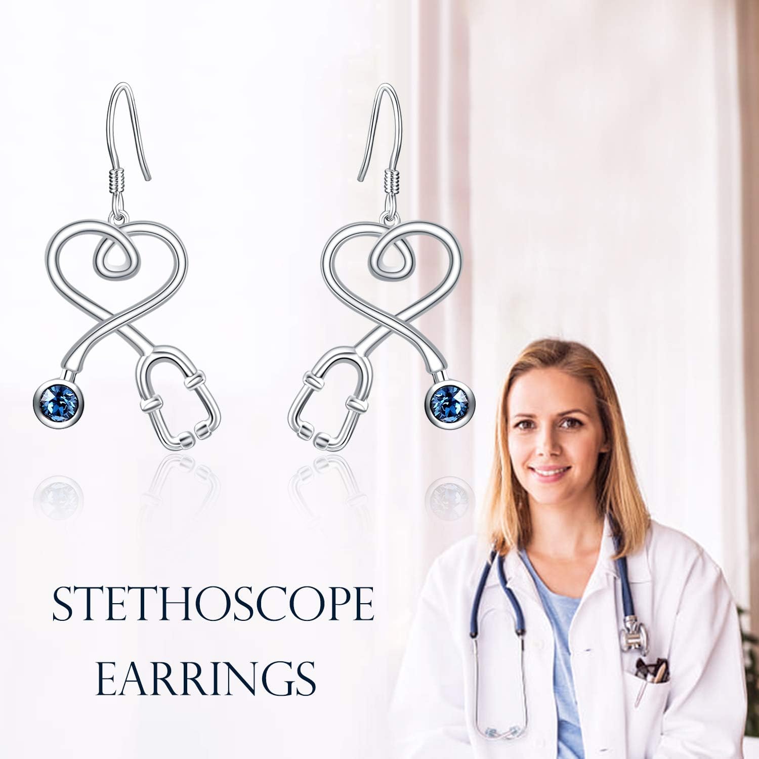 Christmas Nurse Gifts 925 Sterling Silver Nurse Earrings Fish Hook Stethoscope Dangle Drop Earrings with Birthstone Crystal from Austria Gift for Doctor Nurse RN Medical Student
