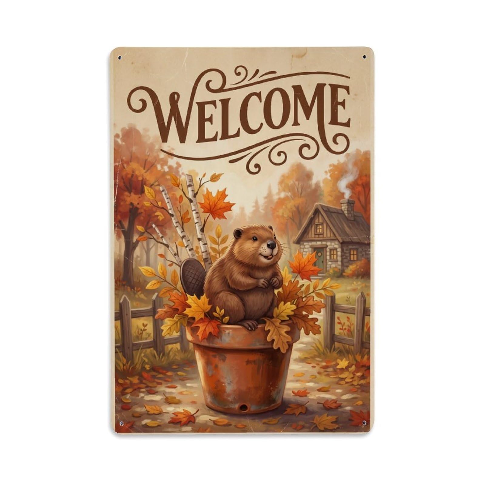 Cxhjca 8X12inch(20X30cm) Vintage Welcome Beaver Warm Wishes Metal Tin Sign