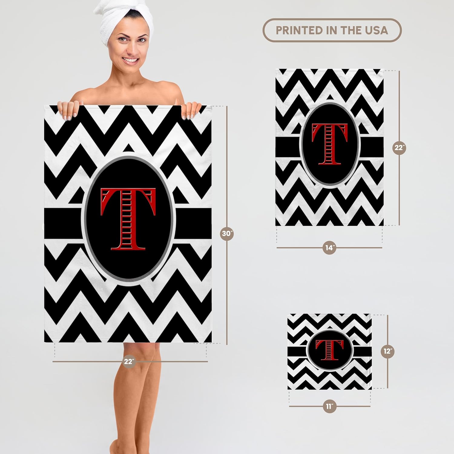 3dRose Black and White Chevron Monogram red Initial T 22x30 Bath Hand Pool Towel