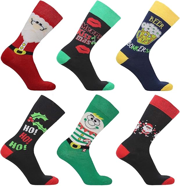 Sockstack® Pack Of 6 Men's Christmas Socks, Novelty Xmas Stocking Filler, 6-11 Gift for Him