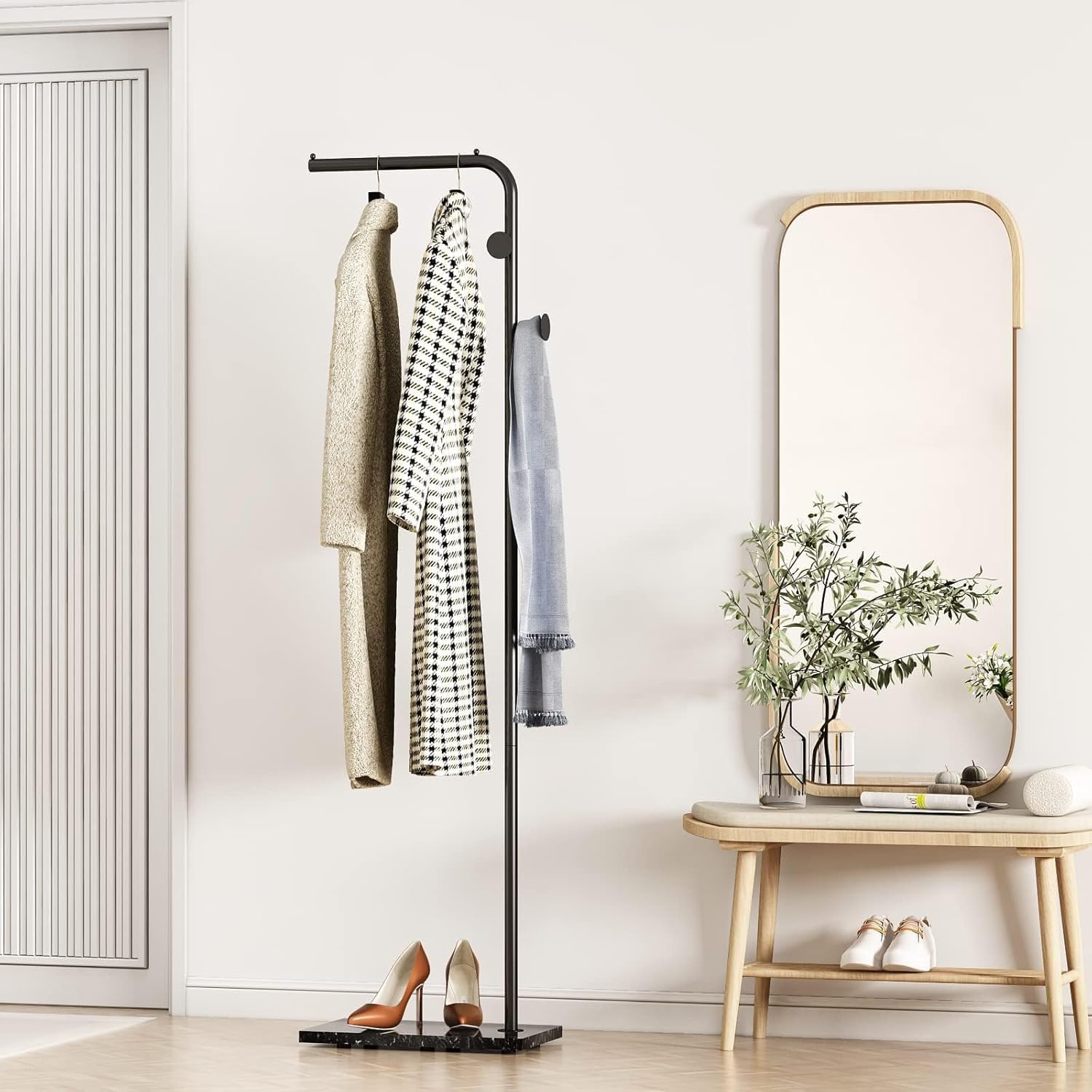 Metal Coat Rack Freestanding, 67” Coat Stand With 3 Hooks,Sturdy Coat Racks Hanger Stand Clothing Rack with Natural Marble Base,Modern Clothes Rack for Entryway, Living Room,Bedroom,Office (Black)