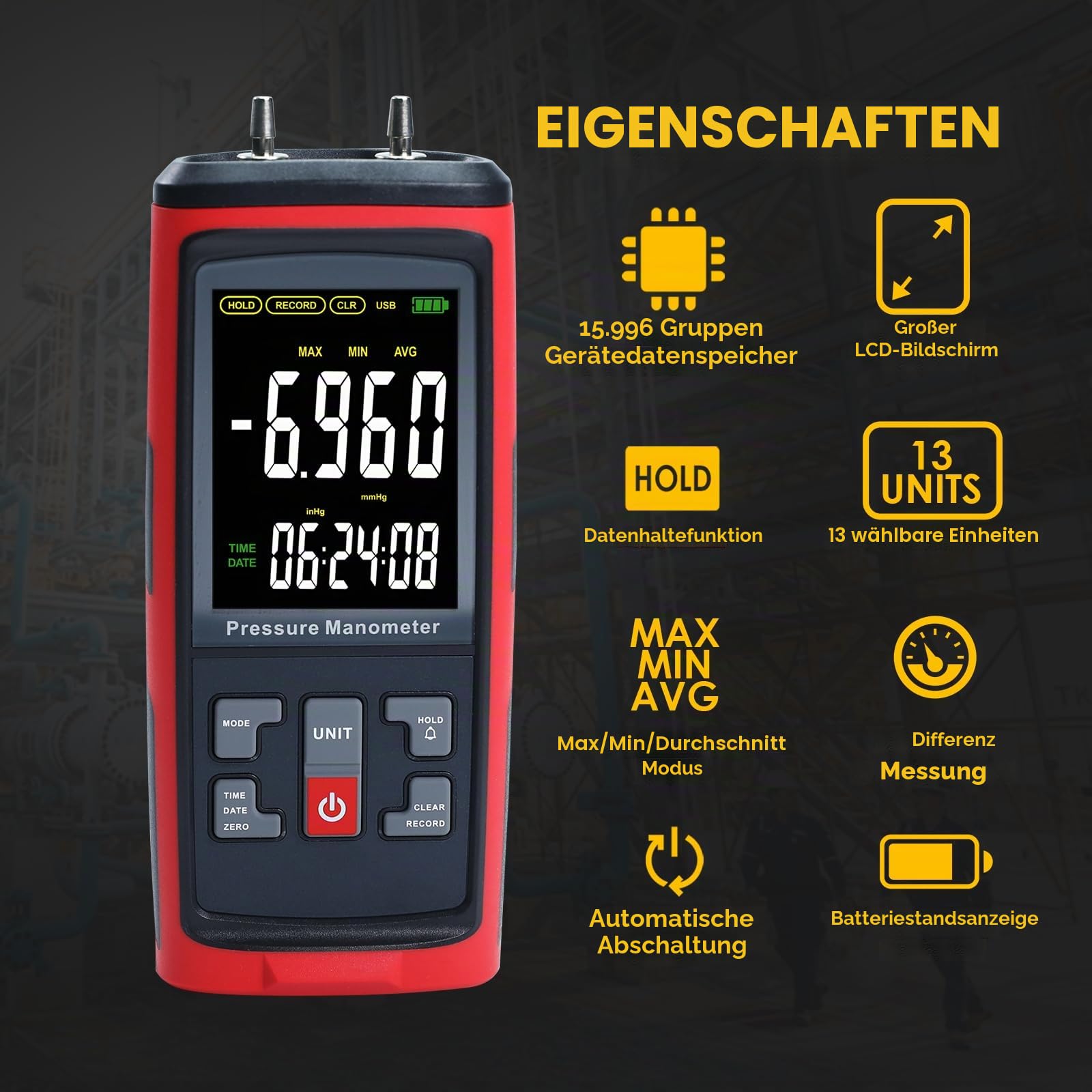 Manometer Datenlogger Digital Manometer Gasdruckprüfer mit ±200inH2O Messbereich, Differenzdruckmessgerät, 13 wählbare Einheiten, Manometer HVAC mit großem LCD-Bildschirm