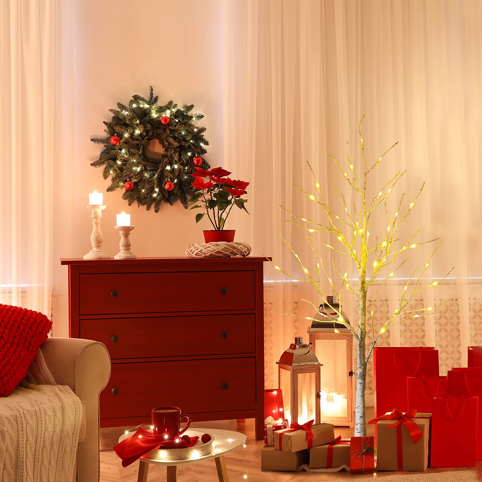 GYMAX Árbol de Navidad 120/150/180 cm, Abedul Iluminado con 48/72/96 Luces LED Blanco Cálido, Árbol de Navidad de PVC, Decoración Brillante para Navidad, Hogar (120 cm)