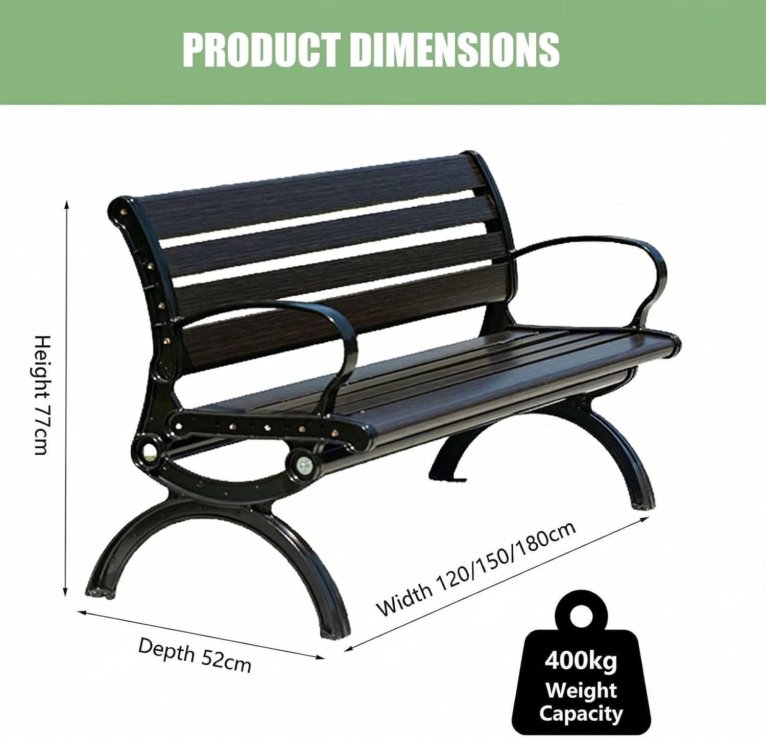 Outdoor Garden Bench, Slatted Seat Zinc Alloy Park Bench with Backrest Armrests, Patio Benches for Yard, Porch, Lawn, Balcony, Backyard(120cm)