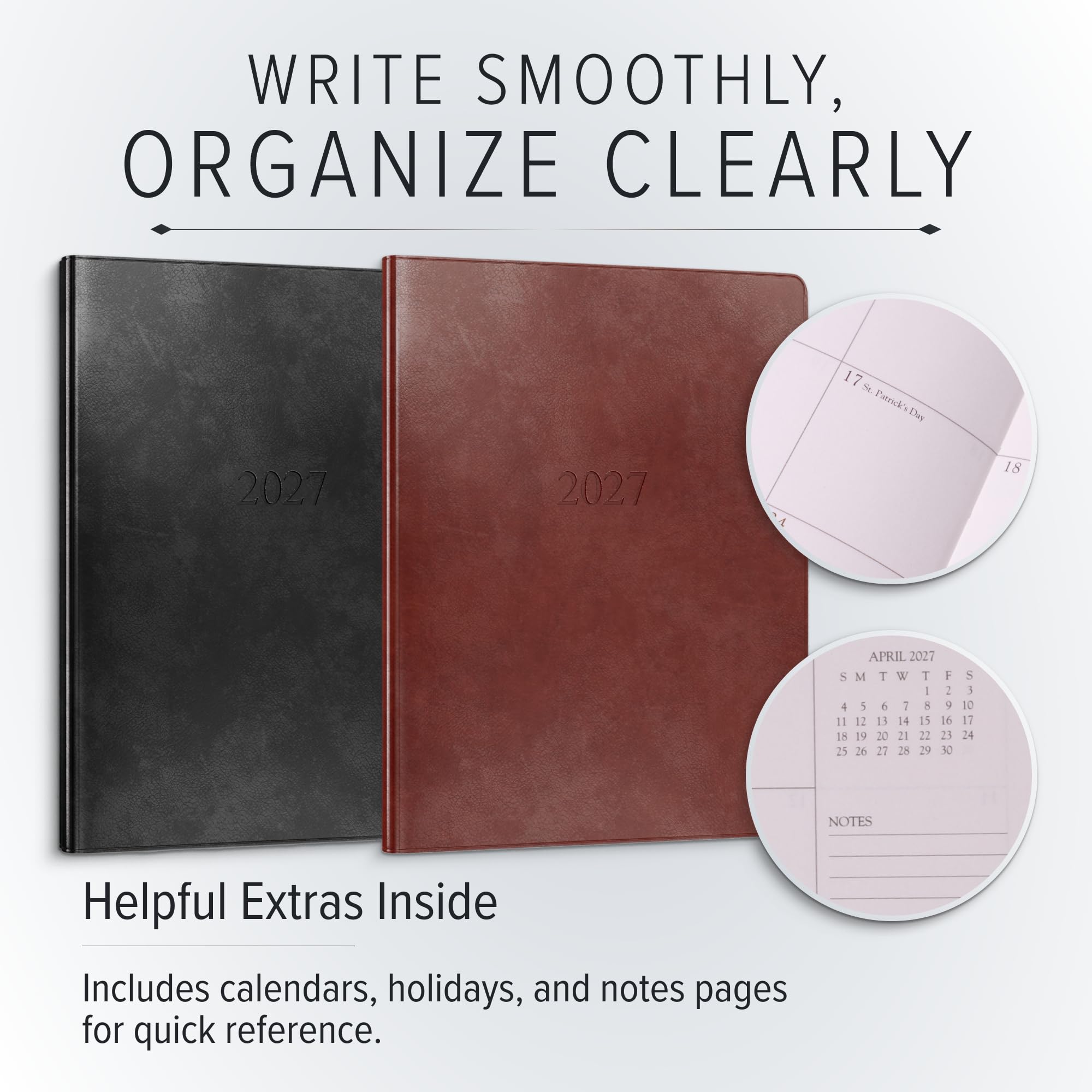 Gallery Leather Agenda mensual grande 2027 Acadia Plum | Elegante agenda y cuaderno con elegantes bordes dorados de página, 18 meses, 24,77 x 19 cm