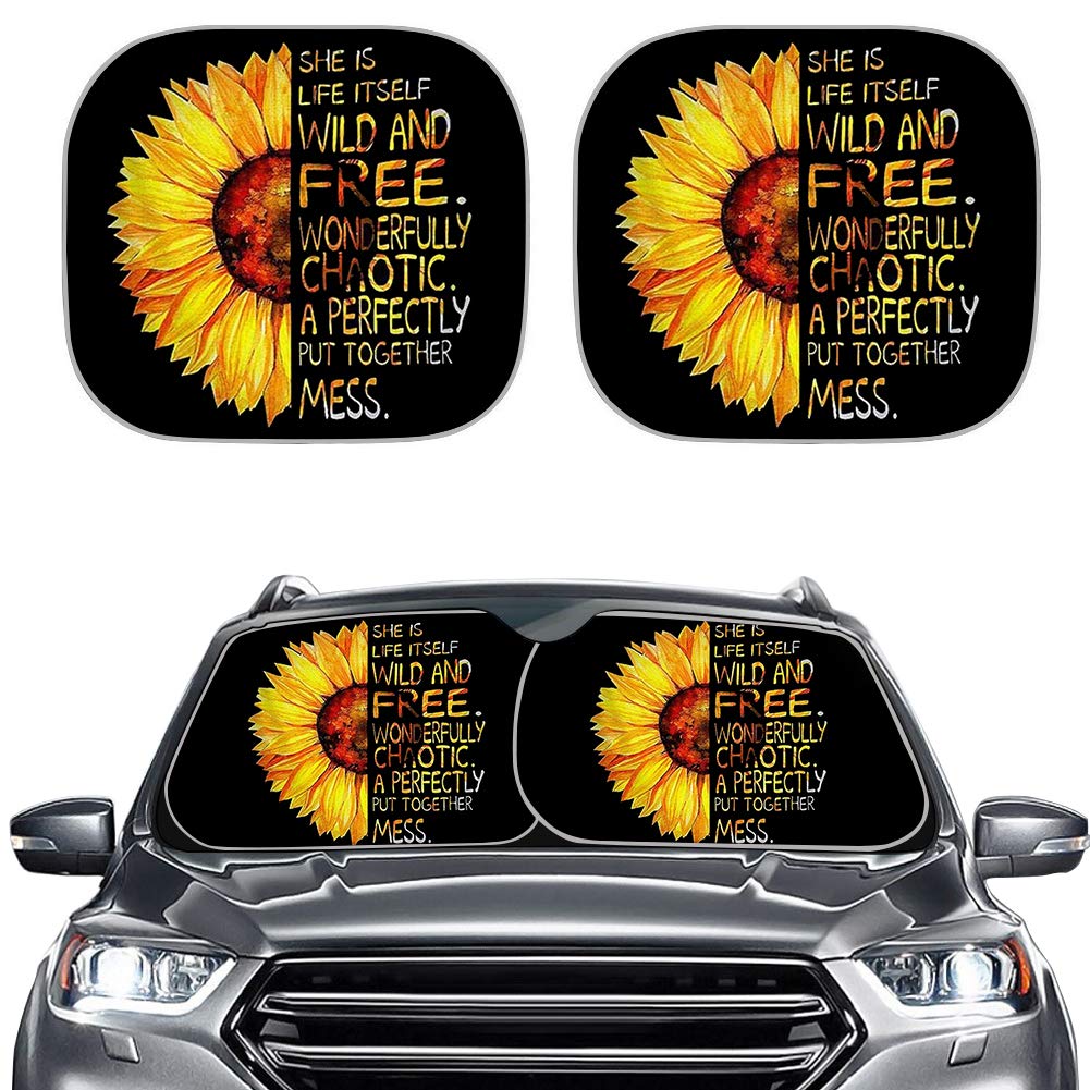 BIGCARJOB Sunflower with Positive Words Car Front Windshield Sunshade Auto Sunshade for Car Truck SUV - Blocks UV Rays Sun Visor Pack of 2 Personality Protective Shades