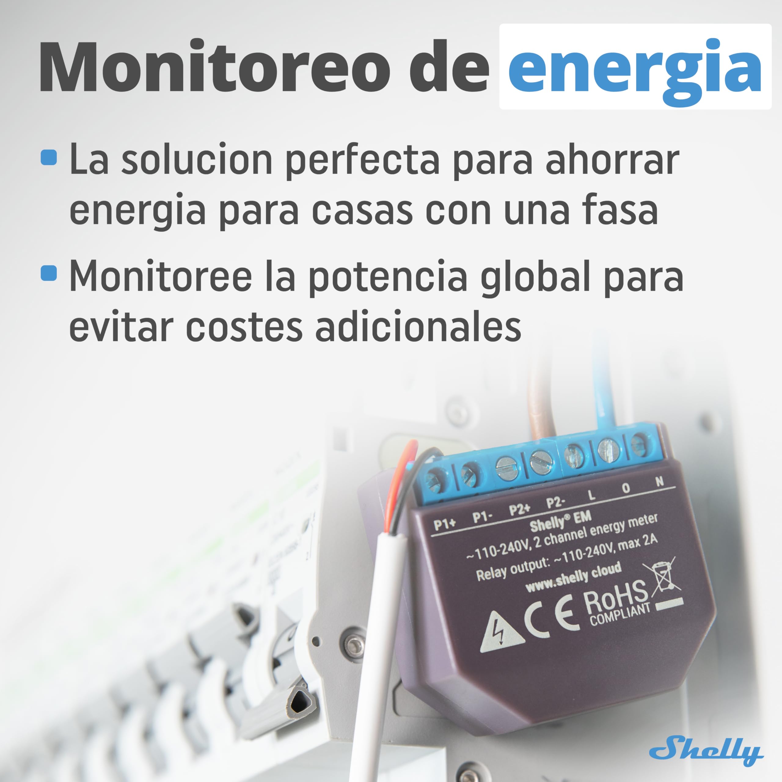 Shelly EM - Medidor De Energía Wi-Fi, 120A par canal, Funciona Con Alexa & Google Home, Control de grandes cargas y Energía Solar, Aplicación iOS Android, No necesita hub