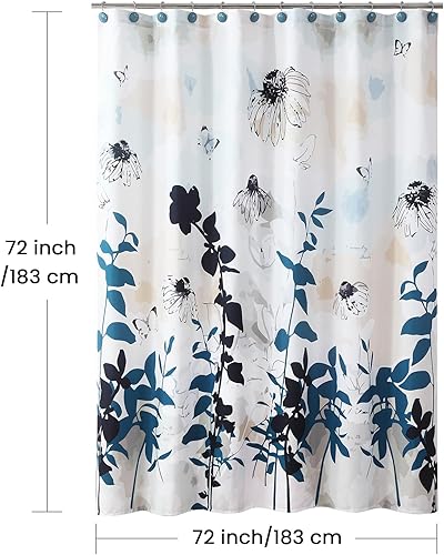 Miniatura 6 de Cortina de ducha de tela floral, cortinas de ducha de acuarela azul negro beige para baño, cortinas de baño decorativas modernas, 72 pulgadas de