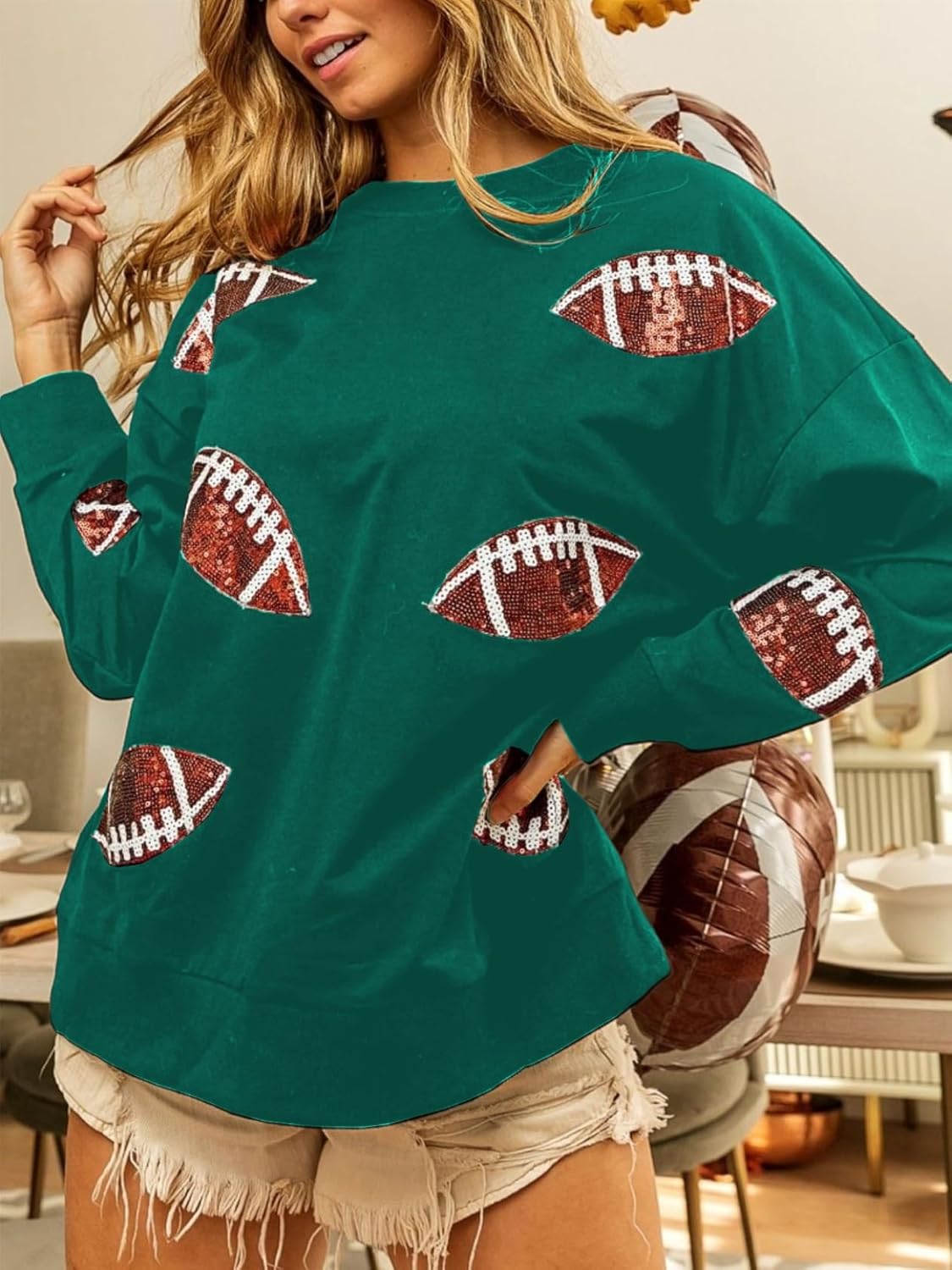Womens Sparkle Football Sequin Rugby Sweatshirt Game Day Y2K Crewneck Oversized Shirt Long Sleeve Fleece Pullover - Image 2