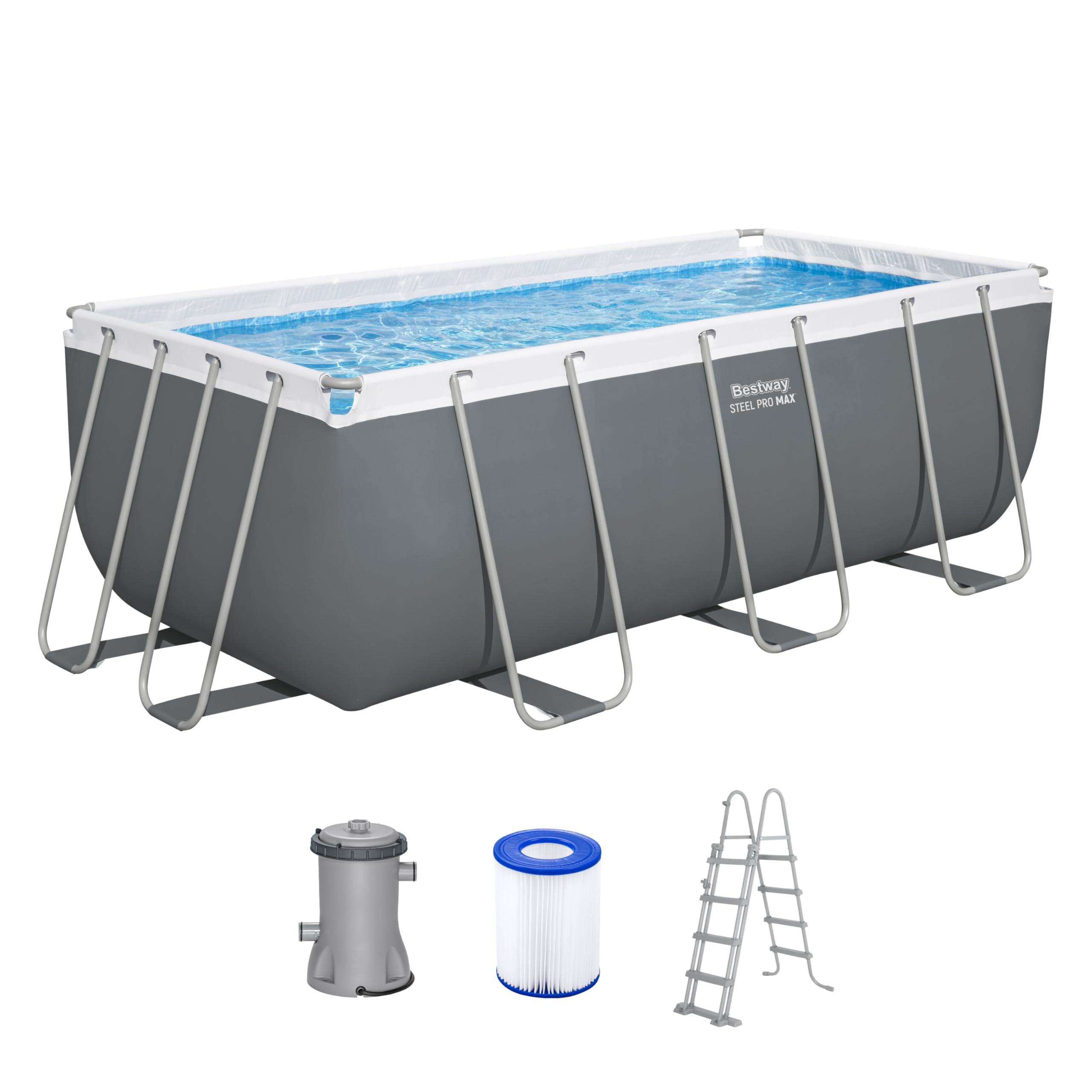 Bestway Power Steel Frame Pool Set mit Filterpumpe 412 x 201 x 122 cm, grau, eckig