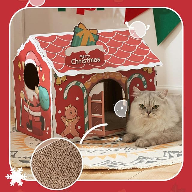Foto 6 de 8 de fdsad Rascador de casa para gatos, cartón de Navidad con hierba gatera, resistente y duradero para gato