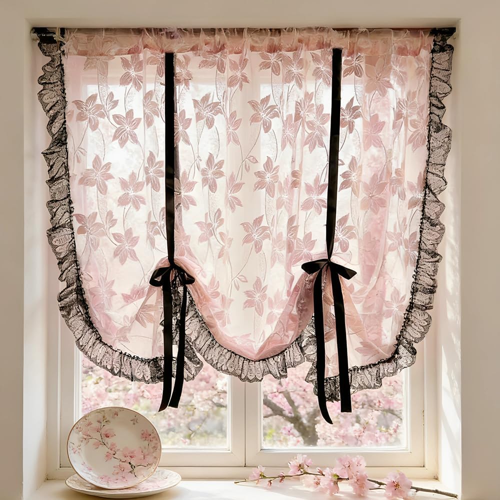 Princess Pink Flower Embroidered Adjustable Tie-Up Curtains with Black Ruffles Lace Rod Pocket for Kitchen Sheer Valance Balloon Curtains Victorian Roman Drapes 1 Panel (Pink,W59xH59 inch)