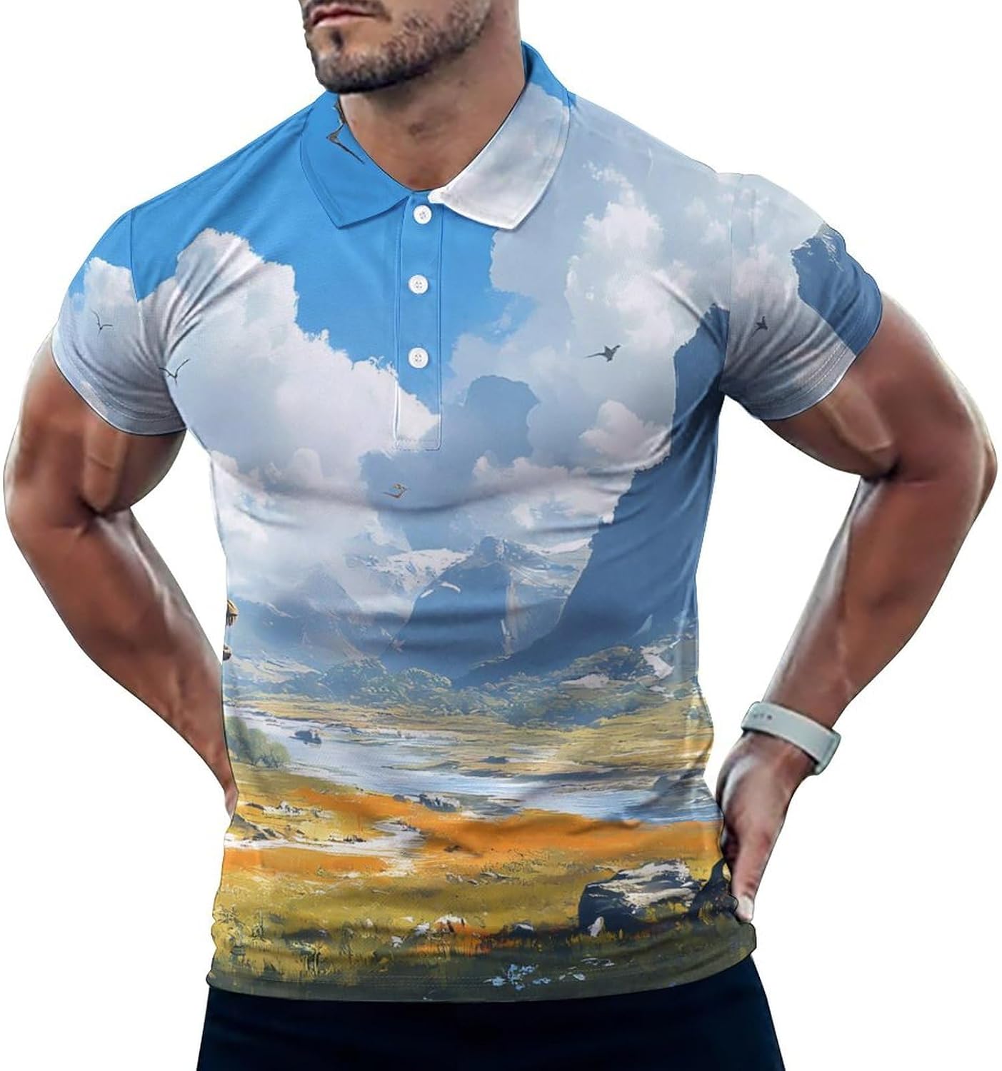 Dinosaur Hunting in Plains Men's Polo Golf Shirts Collared T-Shirt | short sleeve,three button,quick dry,machine washable,summer tee top