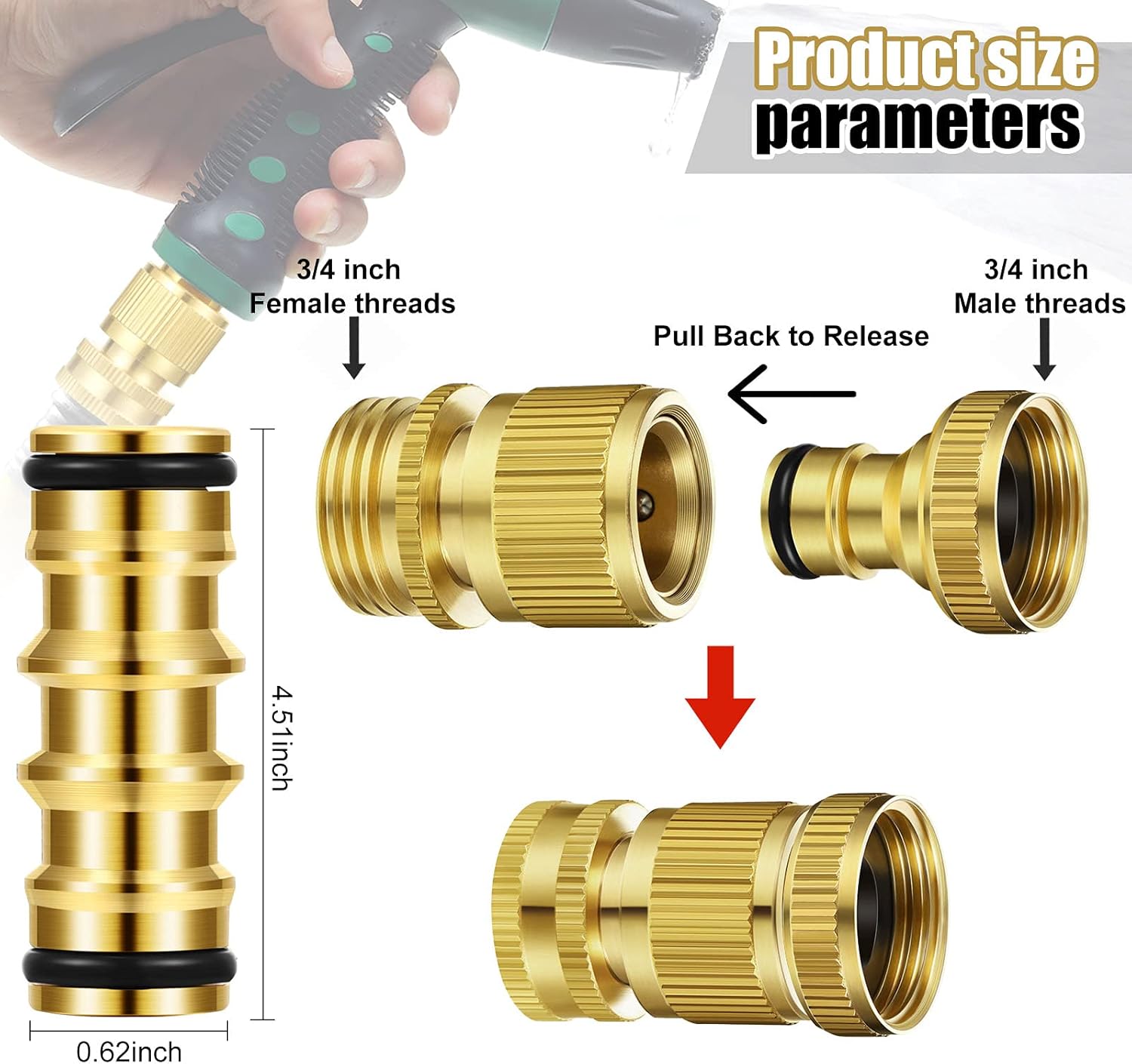3/4 Inch Brass Garden Hose Connector Water Hose Coupling Adapter 2 in 1