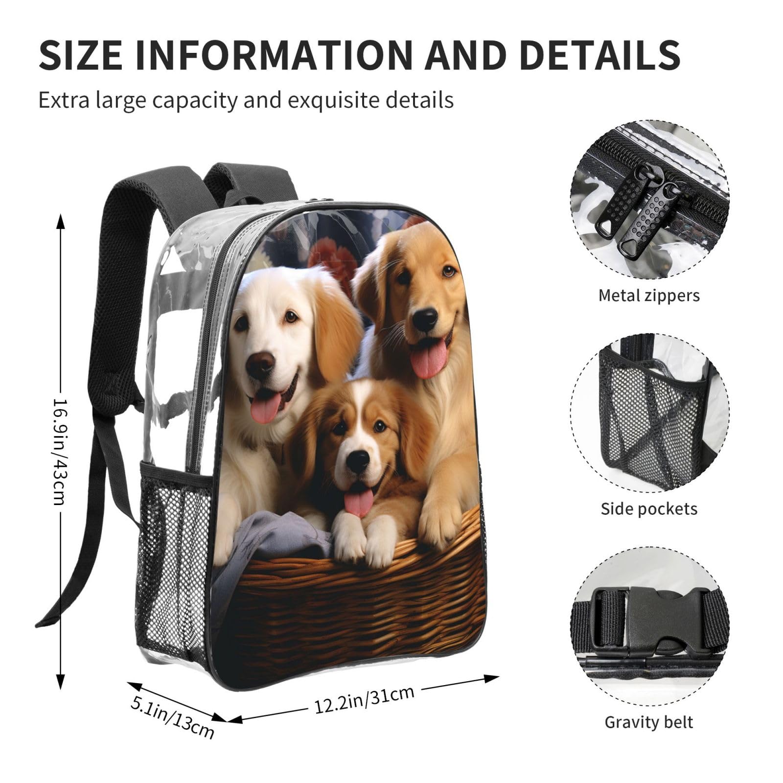 WLKSNBVD Dog Baskets and Dogs Clear Backpack Heavy Duty PVC Transparent Backpack for Concert Work Travel Bag
