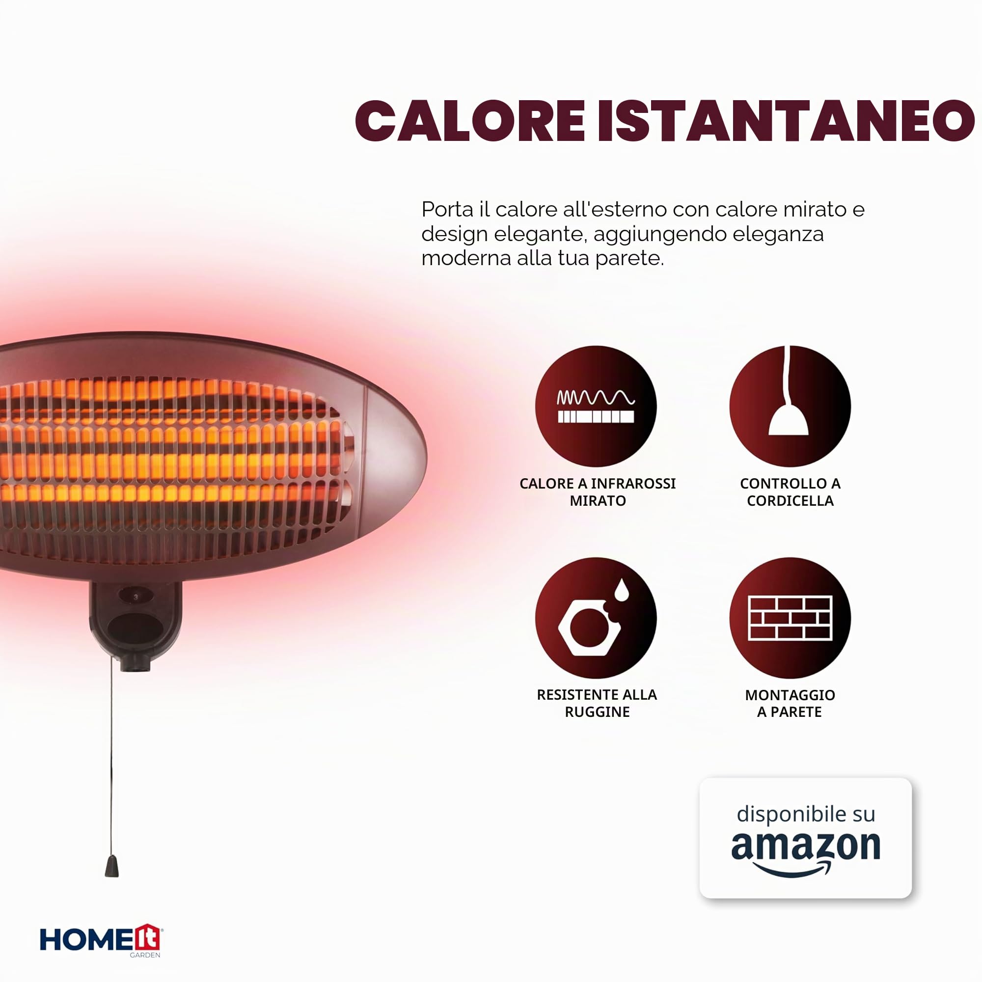 HOME It Stufa da Esterno a Infrarossi da Parete 2000W IP34 Riscaldatore al Quarzo