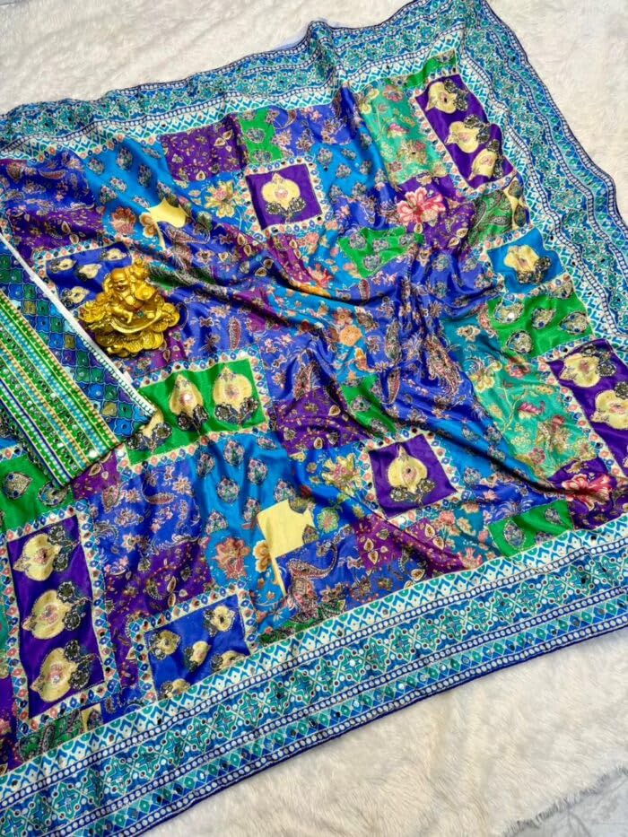 Image of MUNIR Women's Soft Chinon Silk Kalamkari Printed Saree with Mirror Work & Hand Embroidery, Multi Color Designer Saree with Blouse Piece