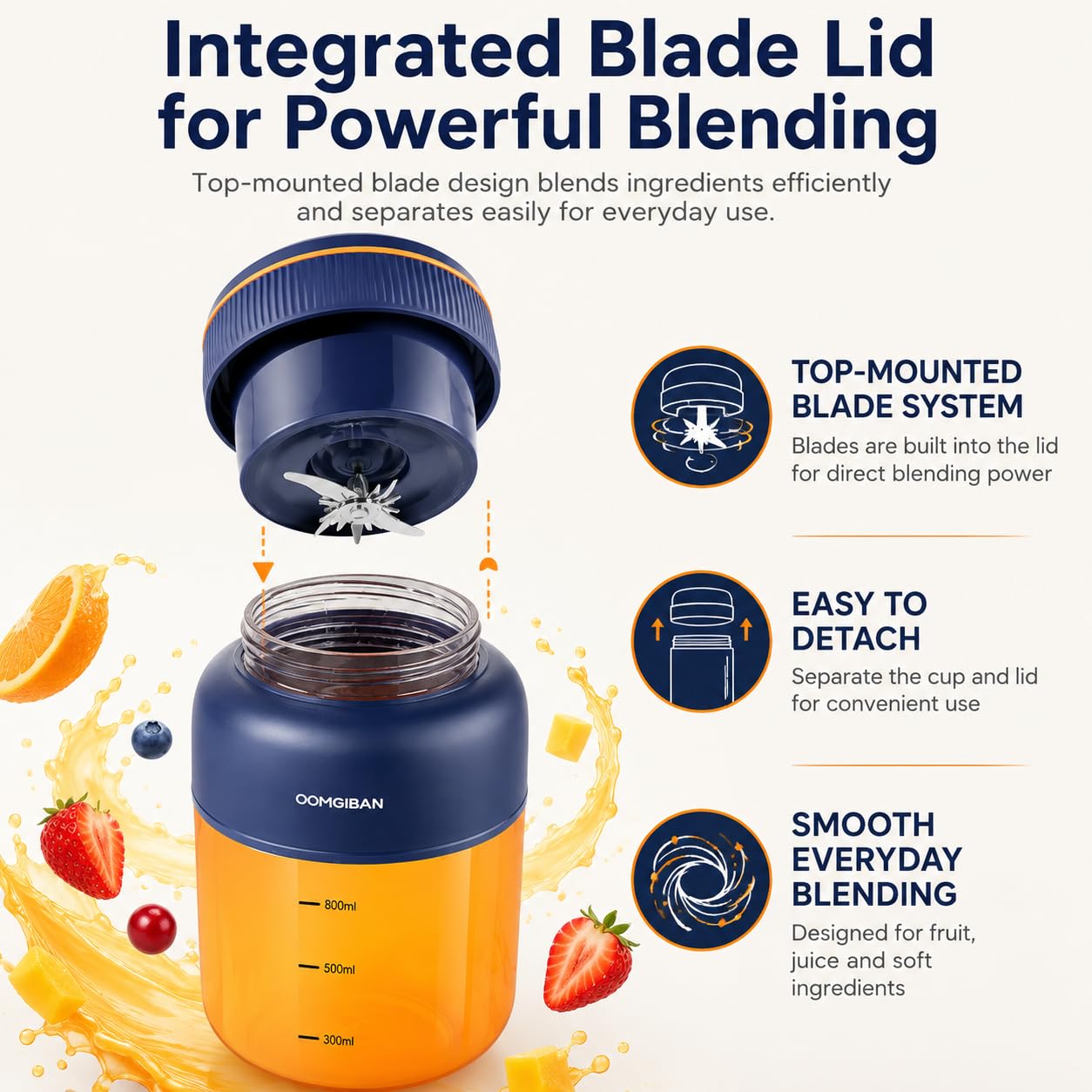 Mélangeur de jus portable sans fil de 800 ml avec matrice de puissance à 38 lames, mélangeur de jus frais sans fil rechargeable pour milkshakes et smoothies, mini mélangeur de voyage personnel