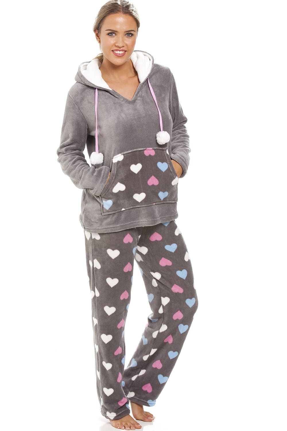 Camille Womens 2-Piece Hooded Super Soft Pyjama Set | Warm, Thick Fleece Full Length PJ Set, Top & Bottoms | Long Sleeves, Front Pocket & Elastic Waist | Loungewear for Women