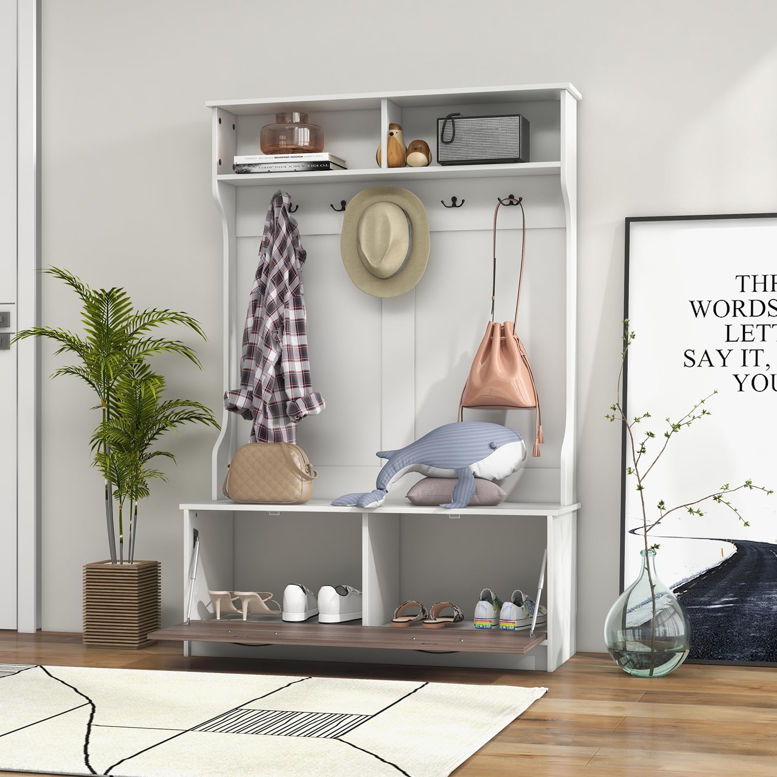 GIANTEX Appendiabiti con Panca da Scarpe, Armadio con Panca Portaoggetti e 5 Ganci e Scomparti, Mobile d'Ingresso Moderno per Corridoio, Camera da Letto, 100x40x160 cm (Bianco)