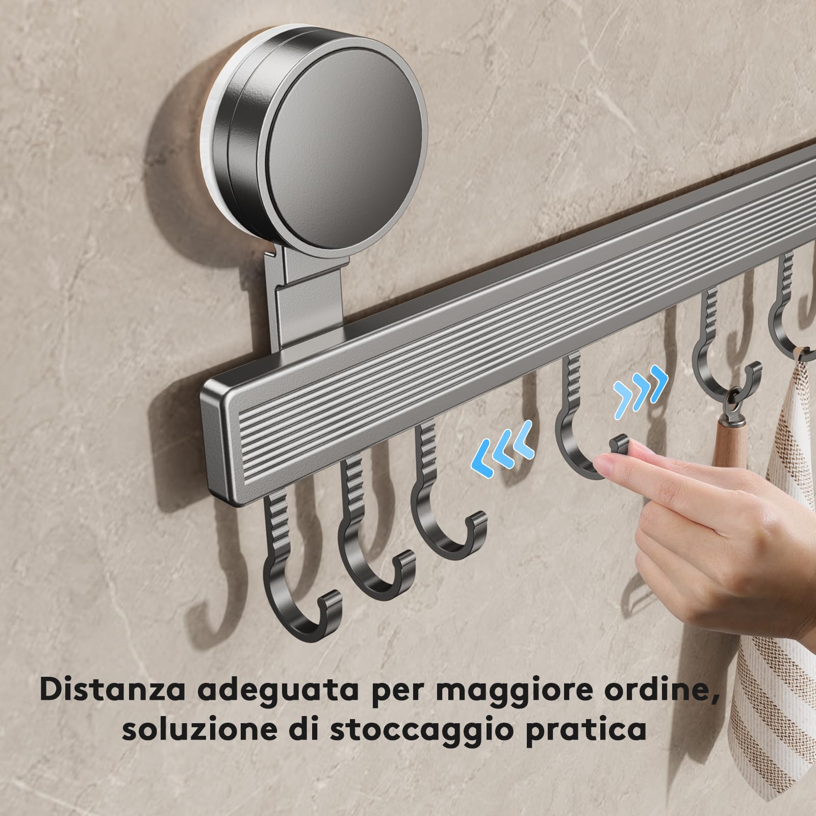 Barra a gancio per cucina senza foratura con ventosa | 8 ganci, lunghezza 40 cm, portata 20 kg, installazione in 1 minuto | Barra a gancio rimovibile inossidabile per utensili da cucina