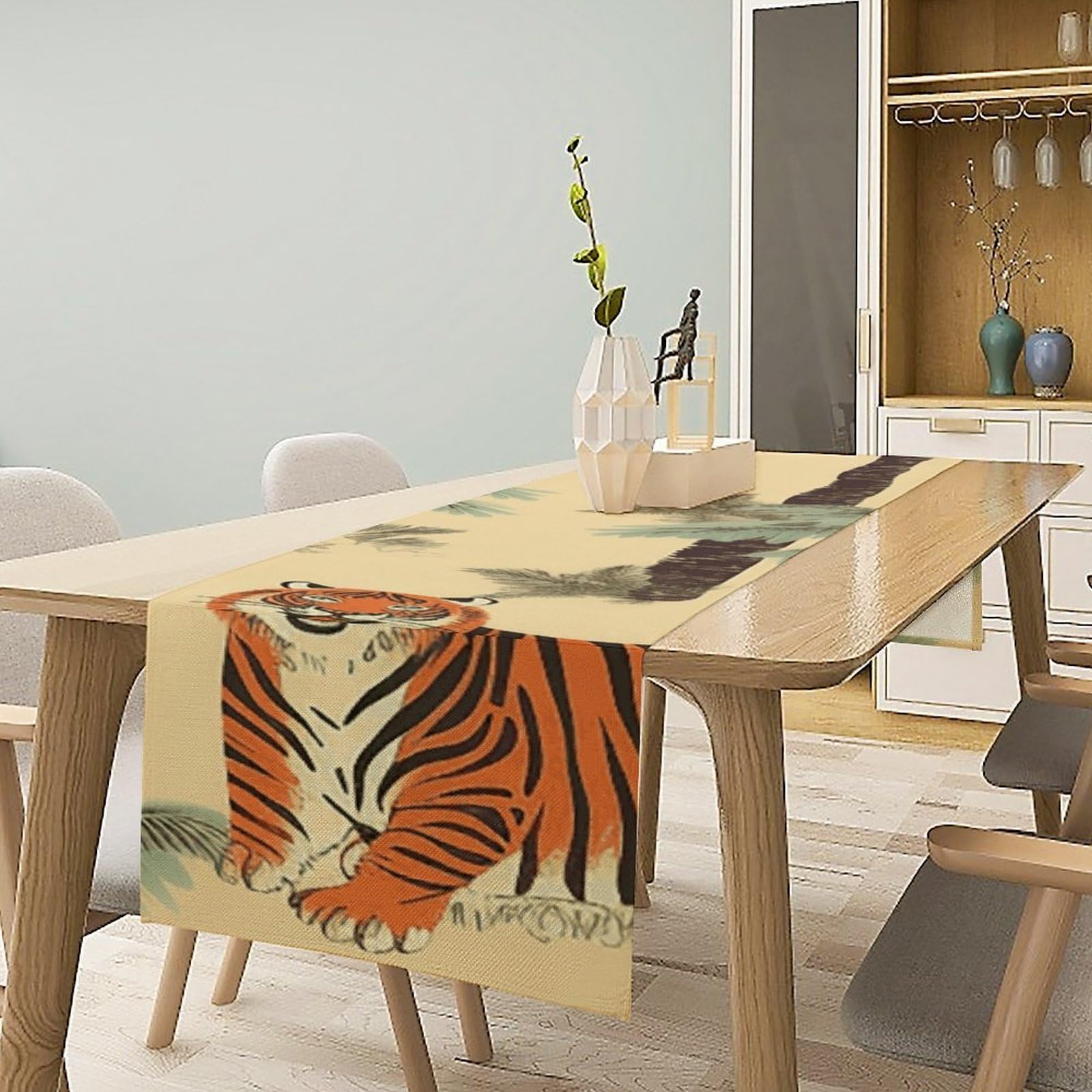 Palm Trees and Tigers Table Runner 13x72 Inch Linens Burlap Table Runner with Tassels Boho Farmhouse Table Runner for Kitchen Home Christmas Halloween Party Table Decor Tablecloth