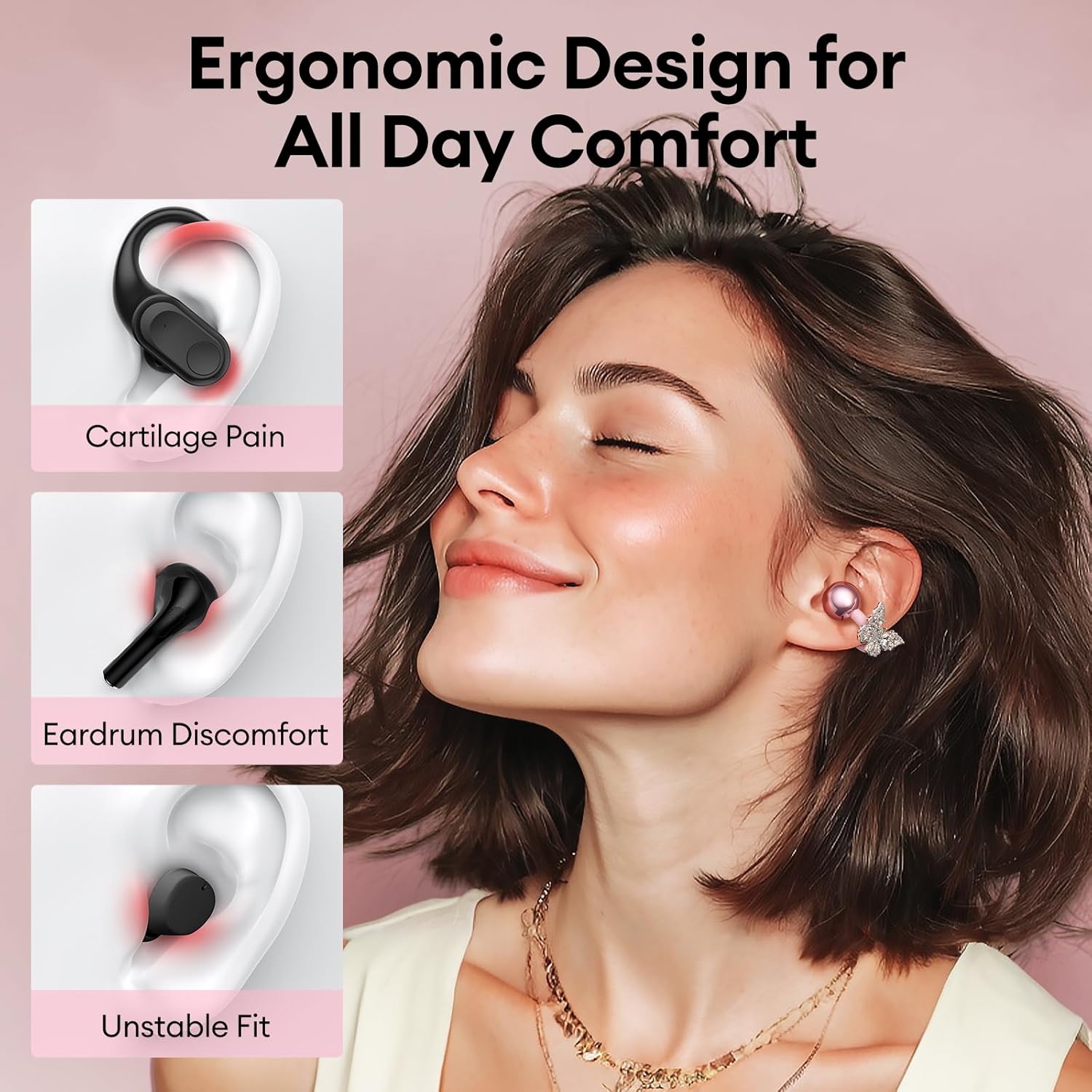 PAXA Stylish Open Ear Clip On Earbuds with Removable Butterfly Earring, Clip On Headphones with LCD Touch Screen, Fashionables Open Ear Headphones for Women, Butterfly Earring Rose Gold Earbuds - Image 4