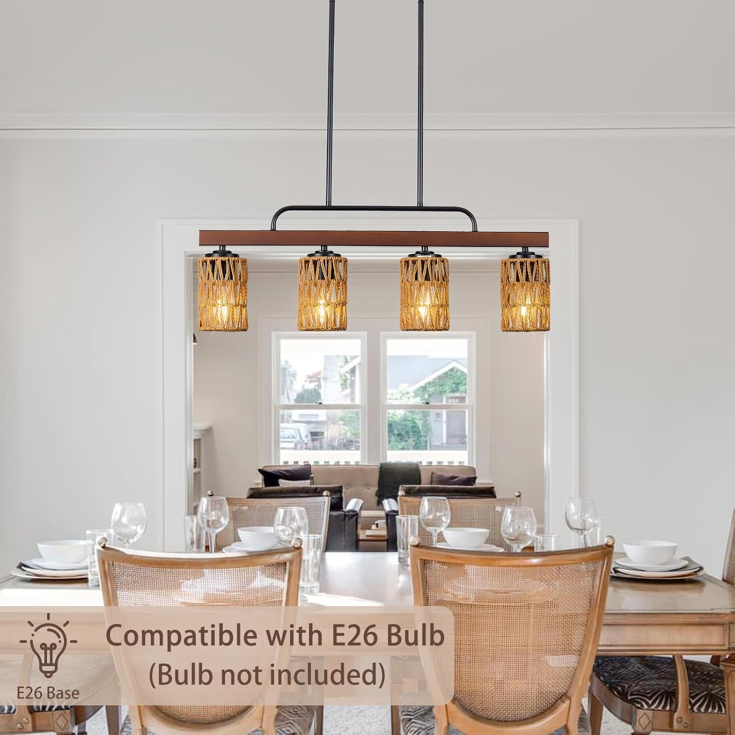 Farmhouse Dining Room Light Fixtures, 30" Rattan 4-Light Wood Kitchen Island Lights Fixture Boho Linear Chandelier Black Hanging Pendant Lighting Over Table