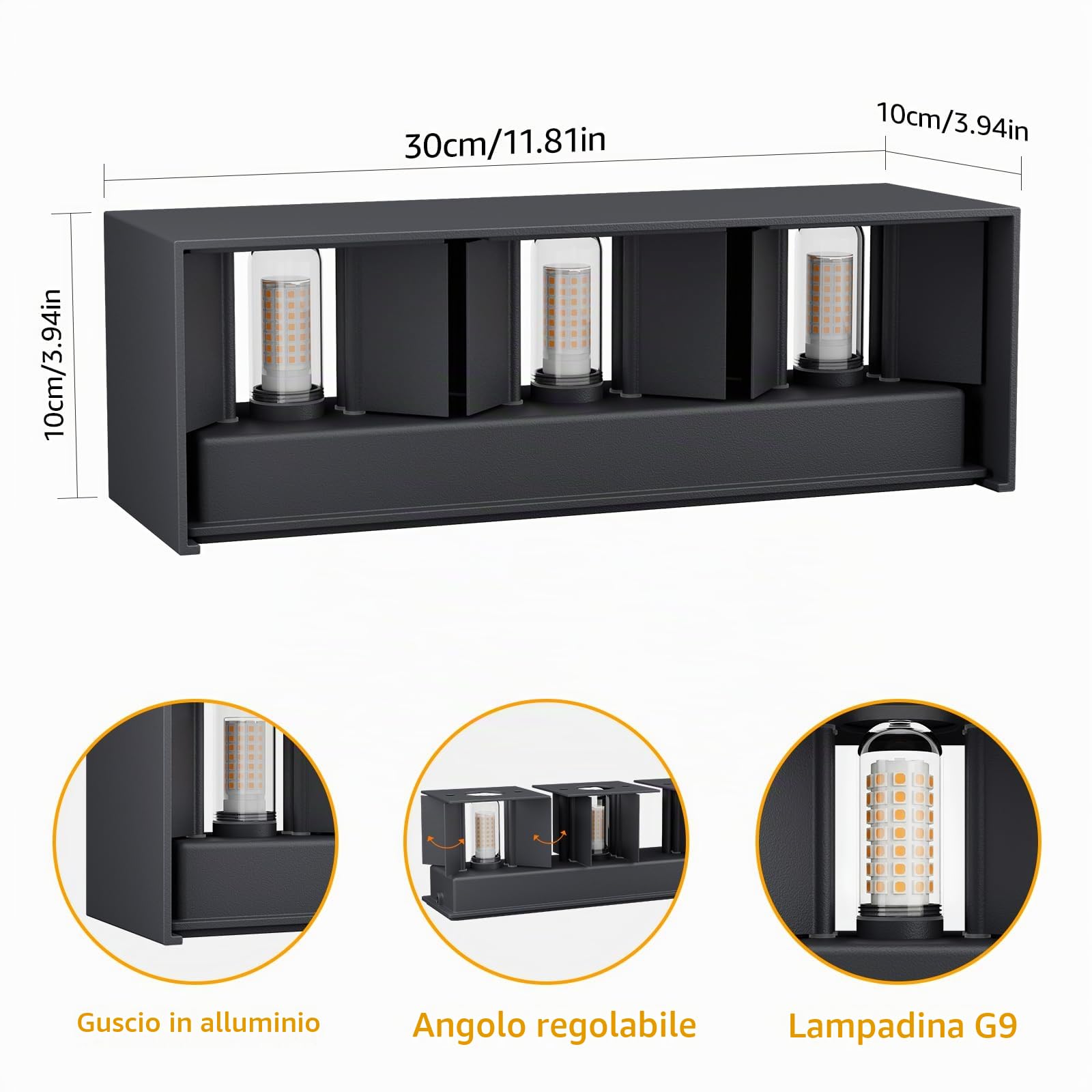 Klighten Applique da Parete per Interni/Esterni Bianco Caldo 3000K G9 Sorgente Luminosa Sostituibile, 27W Lampada da Parete Angolo del Fascio Regolabile Aplique IP54 Impermeabil (Antracite)