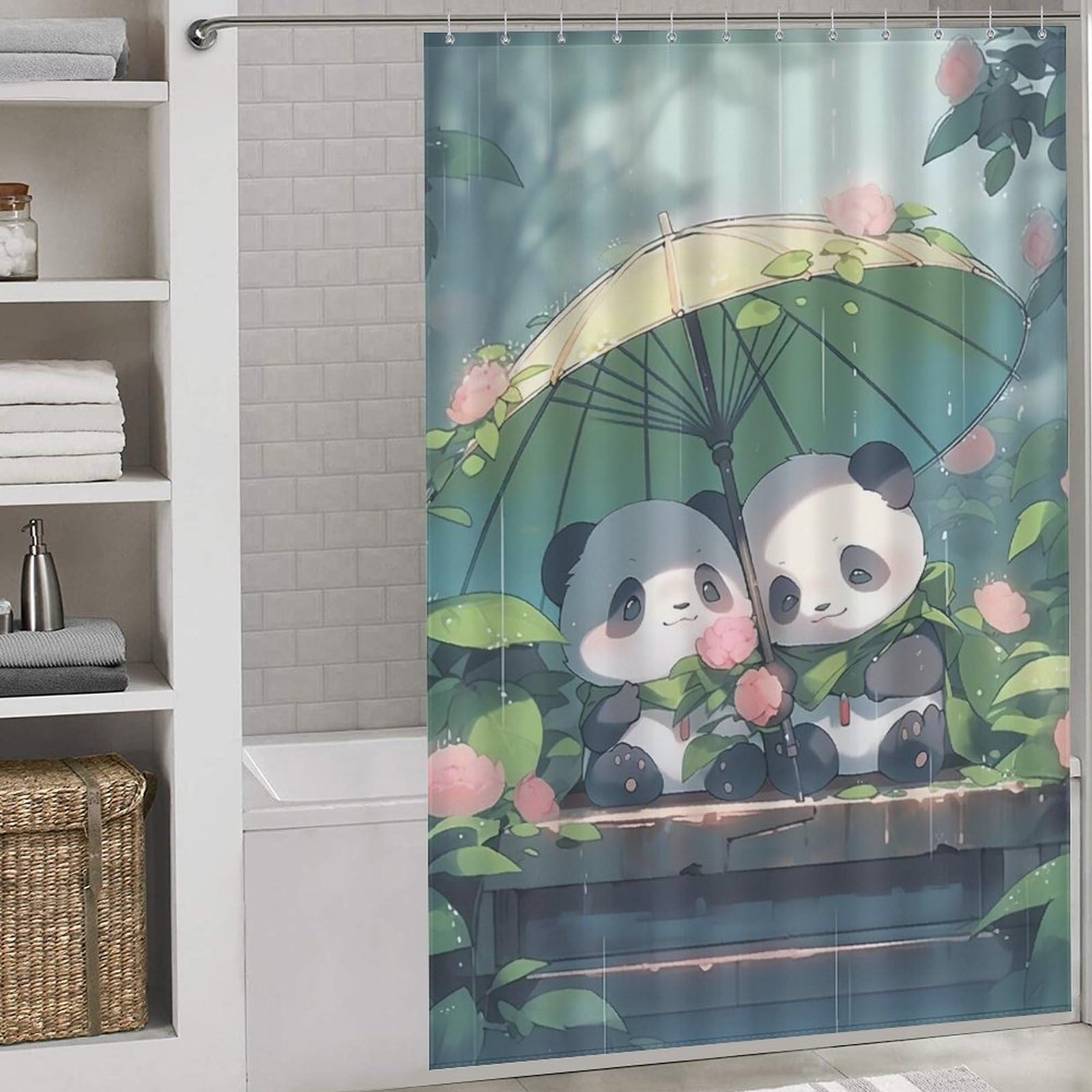 Rideau de douche panda imperméable en tissu contre les moisissures