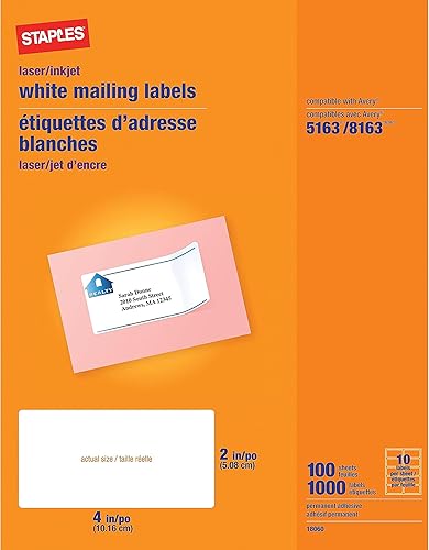 Staples Etiquetas de dirección láserinyección de tinta, papel adhesivo imprimible fácil de despegar, 2 x 4 pulgadas, 10 etiquetas por hoja, paquete