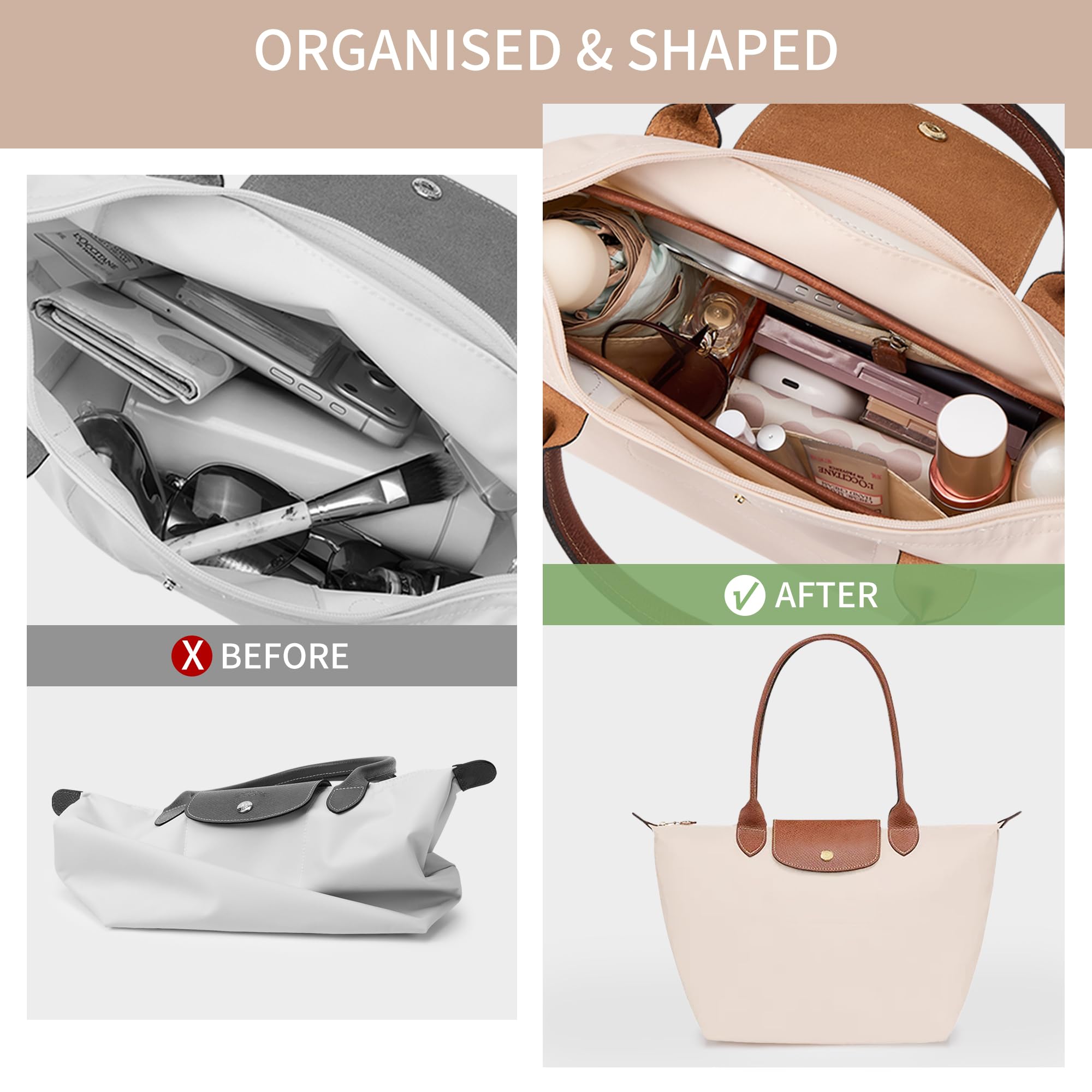 KALIDI Organizador de Bolso Inserto para Longchamp Le Pliage S Xtra, Funda Ultraligera Impermeable con Divisores Internos Mejorada para Bolso de Mano de Mujer, Blanco Pequeño