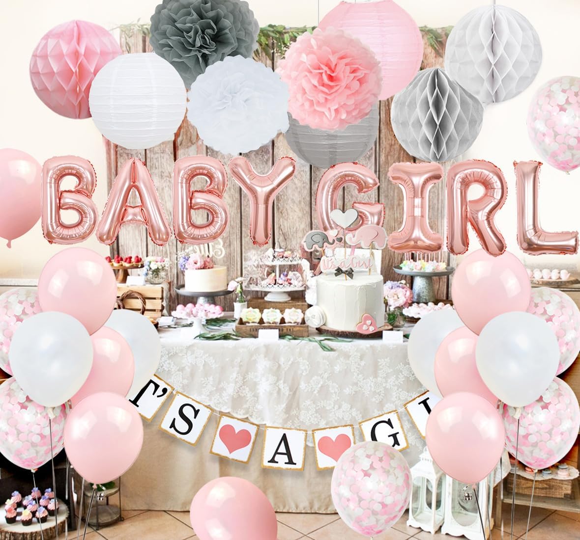 Pink White Grey Elephant Baby Shower Decorations for Girls - It's A Girl Banner, Baby Girl Balloon, Elephant Garland, Confetti Balloons, Elephant Cake Topper for Baby Shower Supplies