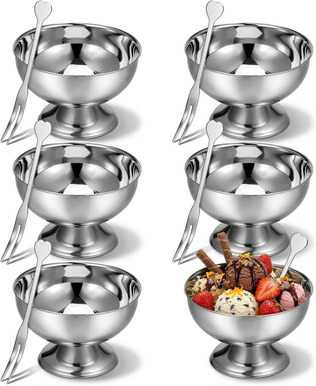 6 Pcs 7oz Stainless Steel Dessert Cup Set with Forks