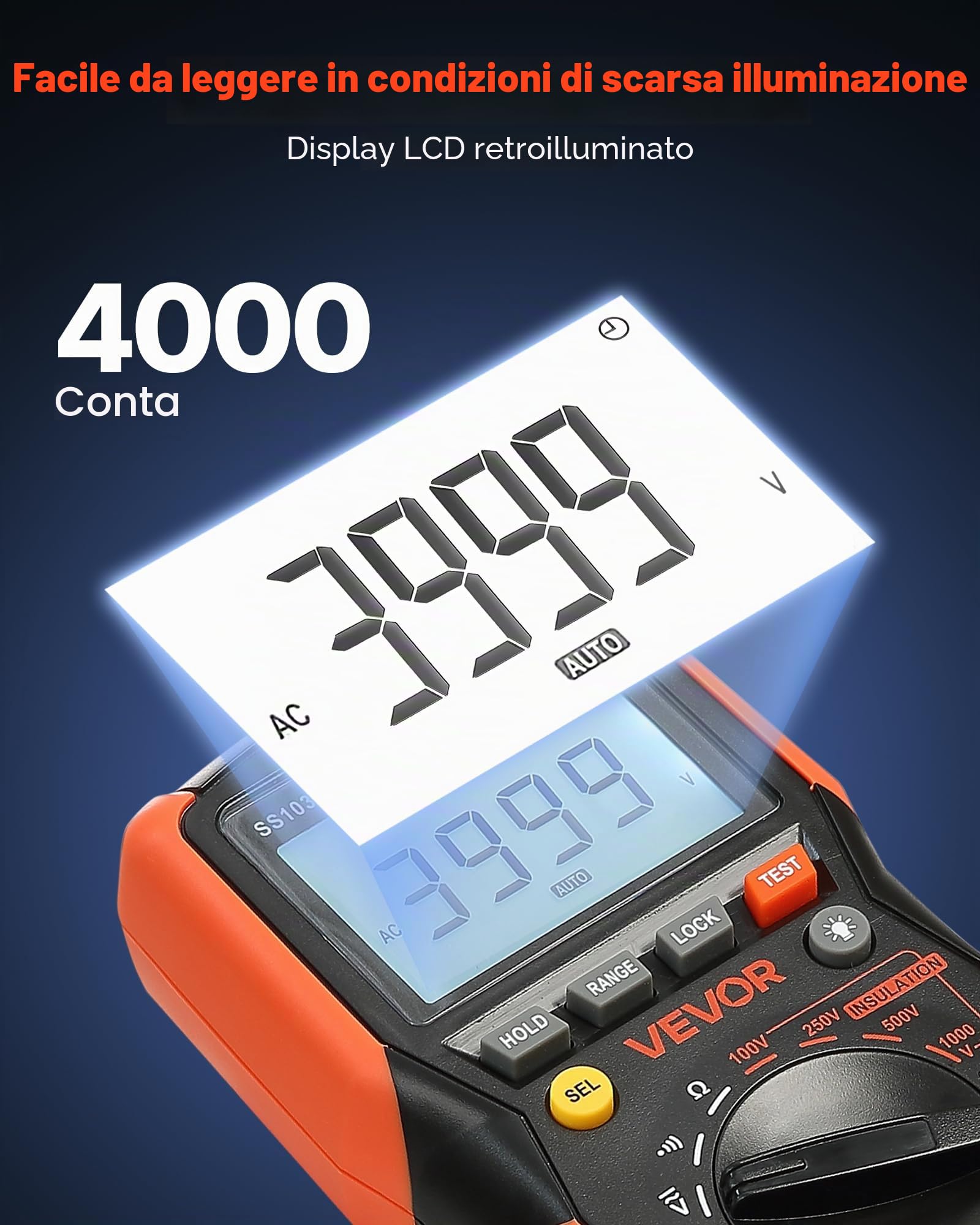 VEVOR Multimetro Digitale, Voltmetro TRMS da 4000 Conteggi, Ohmmetro, Tester di Tensione CA/CC da 1000 V con Intervallo Automatico Manuale Commutabile per Misurazione di Tensione, Resistenza