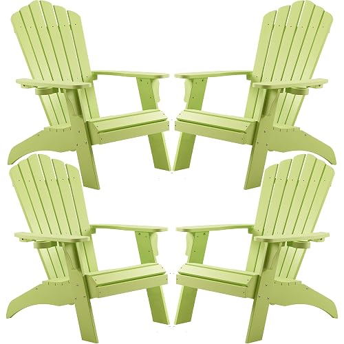 Psilvam Adirondack Chair, Oversized Poly Lumber Fire Pit Chair with Cup Holder, 350Lbs Support Patio Chairs for Garden, Weather Resistant Adirondack Chair Looks Like Real Wood (4, Green)