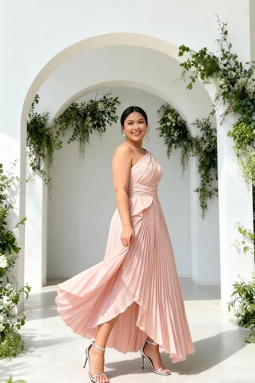 One Shoulder Pleated Bridesmaid Dresses Hi-Lo Satin Ruffles Evening Gowns Ruched Formal Prom Dresses with Slit - Image 5