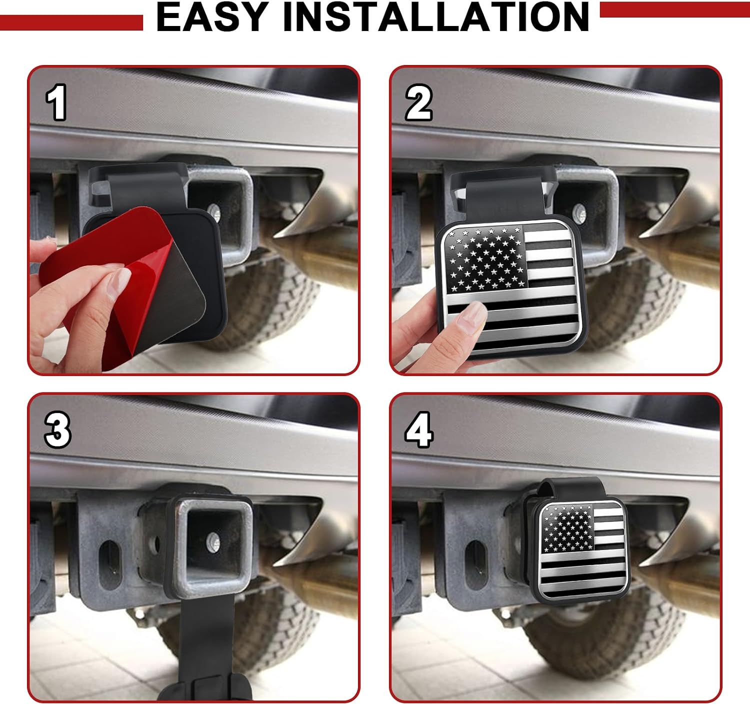 Hitch Covers 2 Inch, Rubber Trailer Hitch Cover, Square Mouth Tube Plug Insert, American Flag Tow Tube Cover Plug Cap, Unicersal Receiver Hitch Plugs for Most Vehicles (SilverBlack)