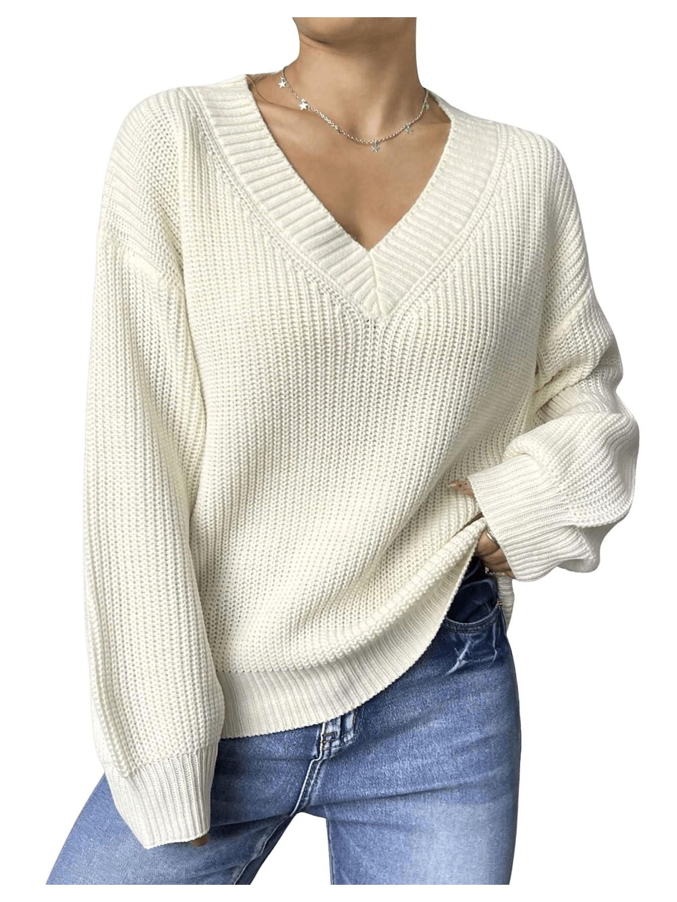 Verdusa Womens Cozy Sweaters Basic Tops V Neck Knit Pullovers Fall Outfits