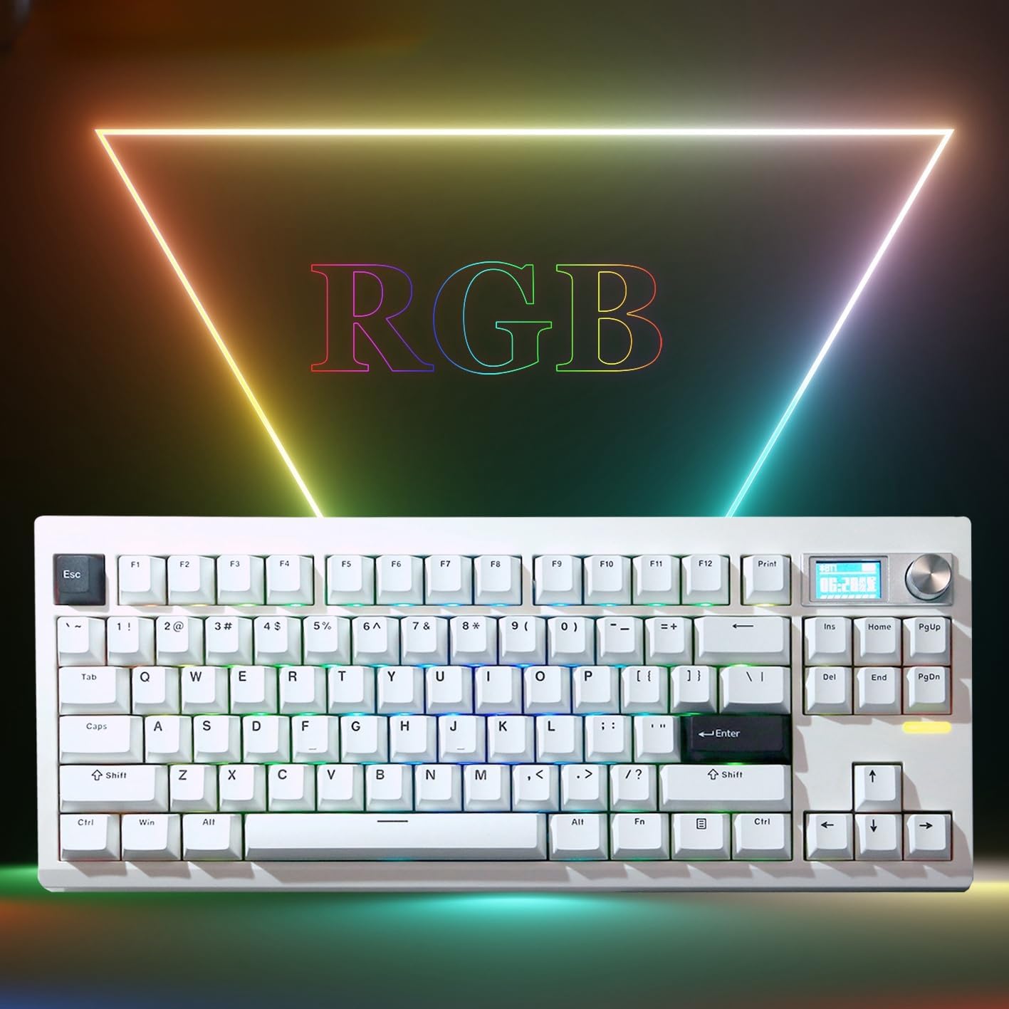 GMK87 keyboard with vibrant RGB backlighting, showcasing various color effects.