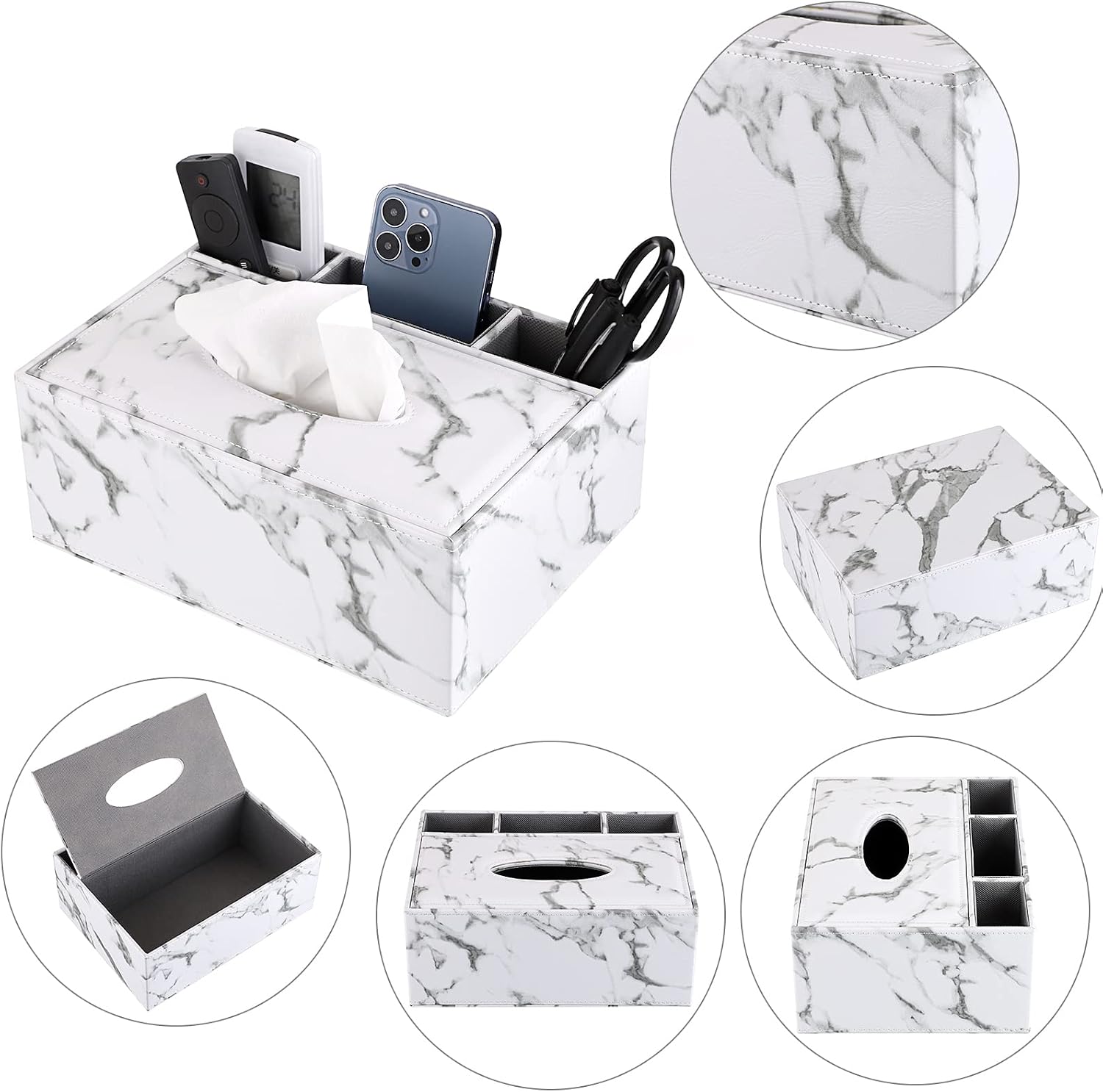 Sumnacon PU Rectangular Tissue Box Cover - Multifunctional Tissue Box Holder with Stationery Remote Control Box, Decorative Tissue Pen Remote Organizer for Home/Office/Car/Restaurant, Marble White