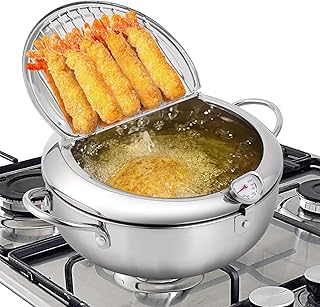 Japanese Deep Fryer Pot Extra Large with Temperature Gauge - 304 Stainless Steel Frying Pot with Thermometer and Oil Drip Drainer Rack, Stainless Steel Deep Frying Pan with Lid (24cm/7.9in，3.4L)