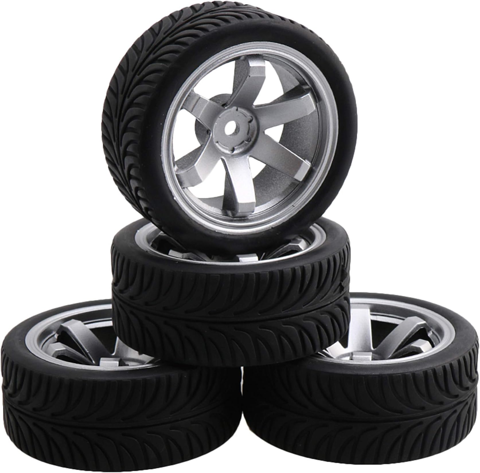 4PCS RC Wheat Pattern Tire&6 Spoke Wheel Rim replacement for RC1:10 On Road Car Silver