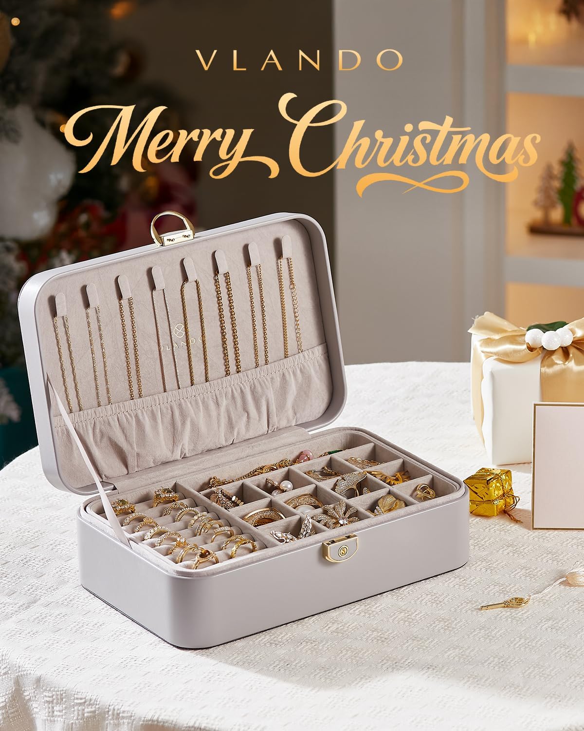 Vlando Jewelry Boxes for Women,2 Layers Jewelry Box with Lock,Birthday Gifts for Women Girls,Jewelry Organizers for Earrings Necklace,Rings Storage Grey - Image 2