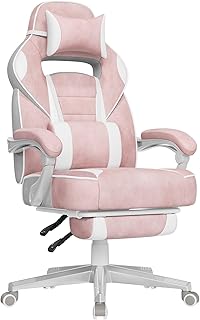SONGMICS Gaming-Stuhl, Bürostuhl mit Fußstütze, Schreibtischstuhl mit Kopfstütze und Lendenkissen, höhenverstellbar, ergonomisch, bis 150 kg belastbar, pastellrosa OBG073P01