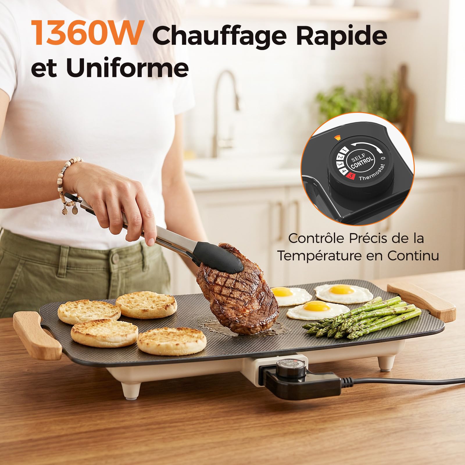WOOX 1380W Plancha Électrique – Grande Surface (51x30 cm), Antiadhésif, Idéal Repas Famille, Pancakes & Grillades, Chauffe Rapide, Sans PFAS, Poignées en Chêne, Facile à Nettoyer