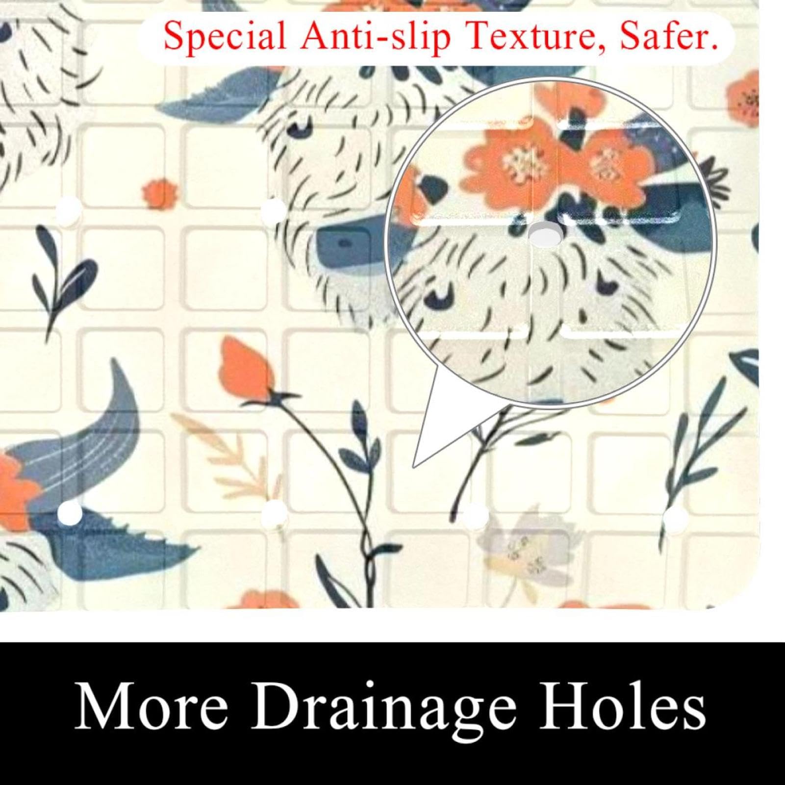 Tapis de bain de qualité supérieure - Antidérapant, facile à nettoyer et sans danger pour toute la famille - Motif têtes de yaks florales