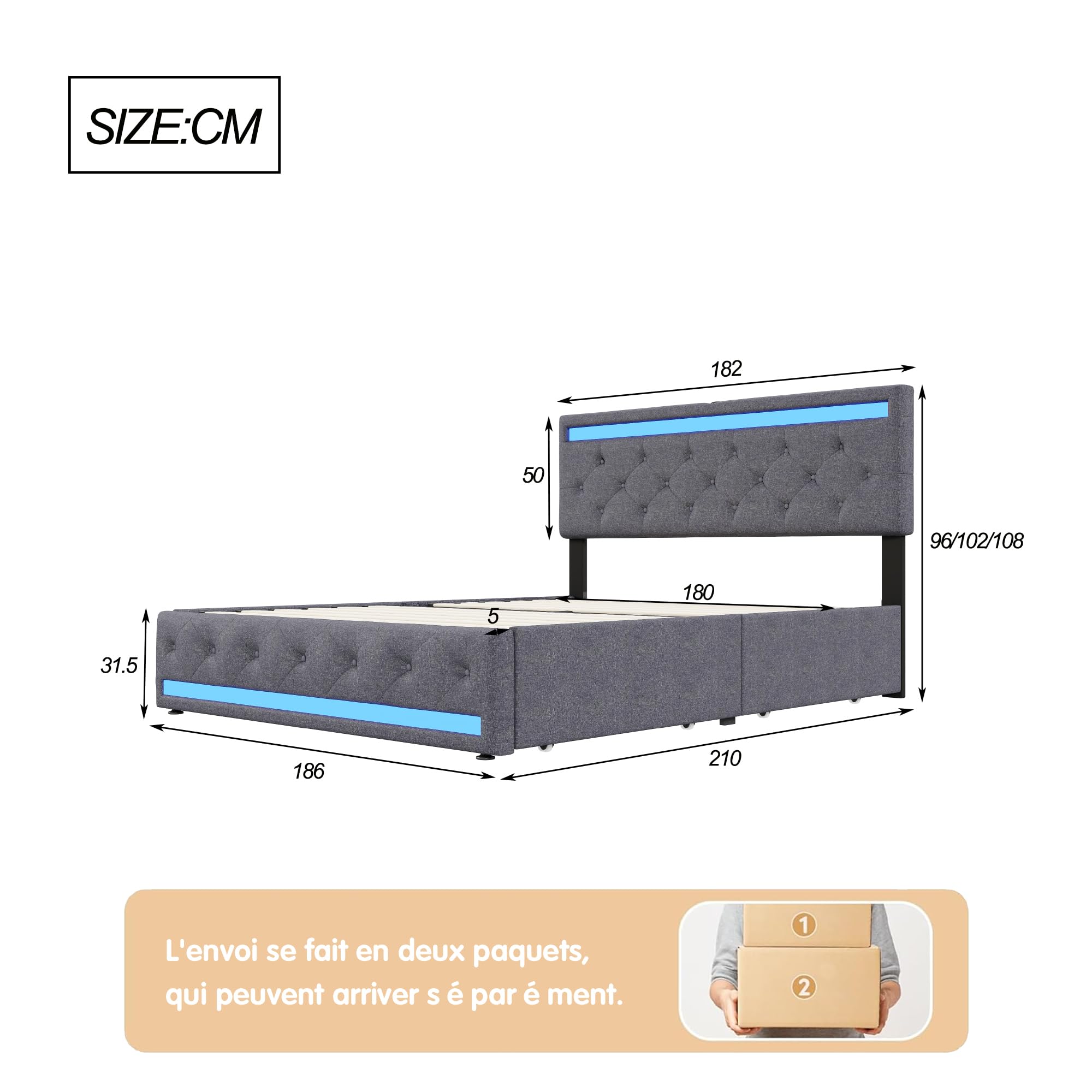 Lit Double 180x200 cm avec Sommier et 4 Tiroirs de Rangement, Lit Rembourré en Lin avec Tête de Lit à LED et Station de Charge USB/Type-C,Cadre de Lit Moderne Design Gris pour Adulte et Chambre d'amis