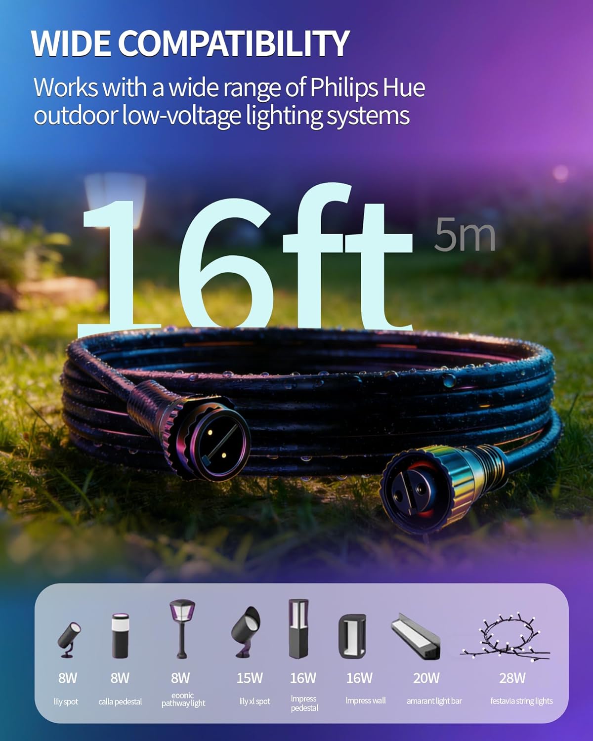 16FT Waterproof Extension Cable (5-Pack) for Philips Hue Outdoor 24V Lighting – Male to Female Low Voltage Extension Cord Compatible with Lily, Calla, Impress, Amarant, Econic Landscape Lights